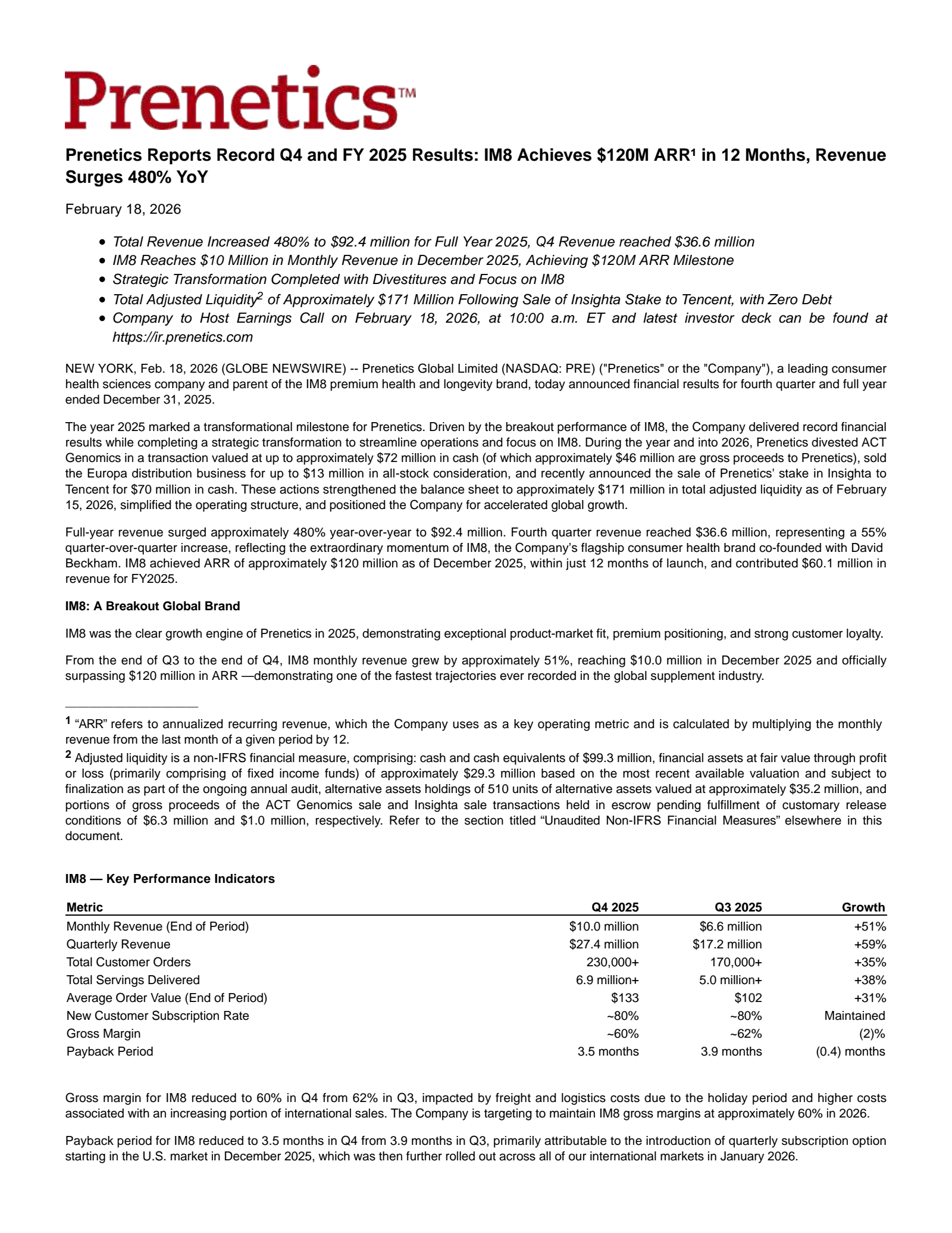 Prenetics Global's Q4 2025 Press Release