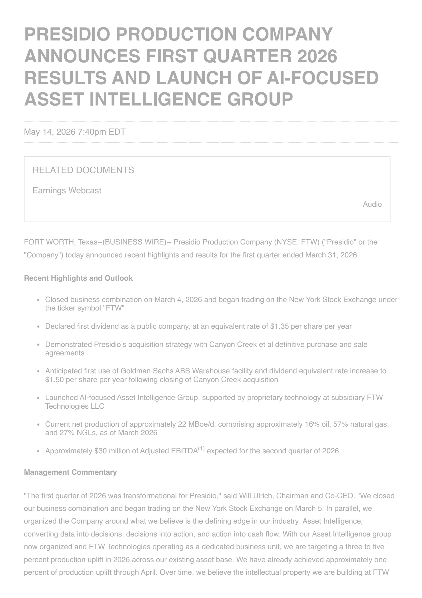 Presidio Production's Q1 2026 Press Release