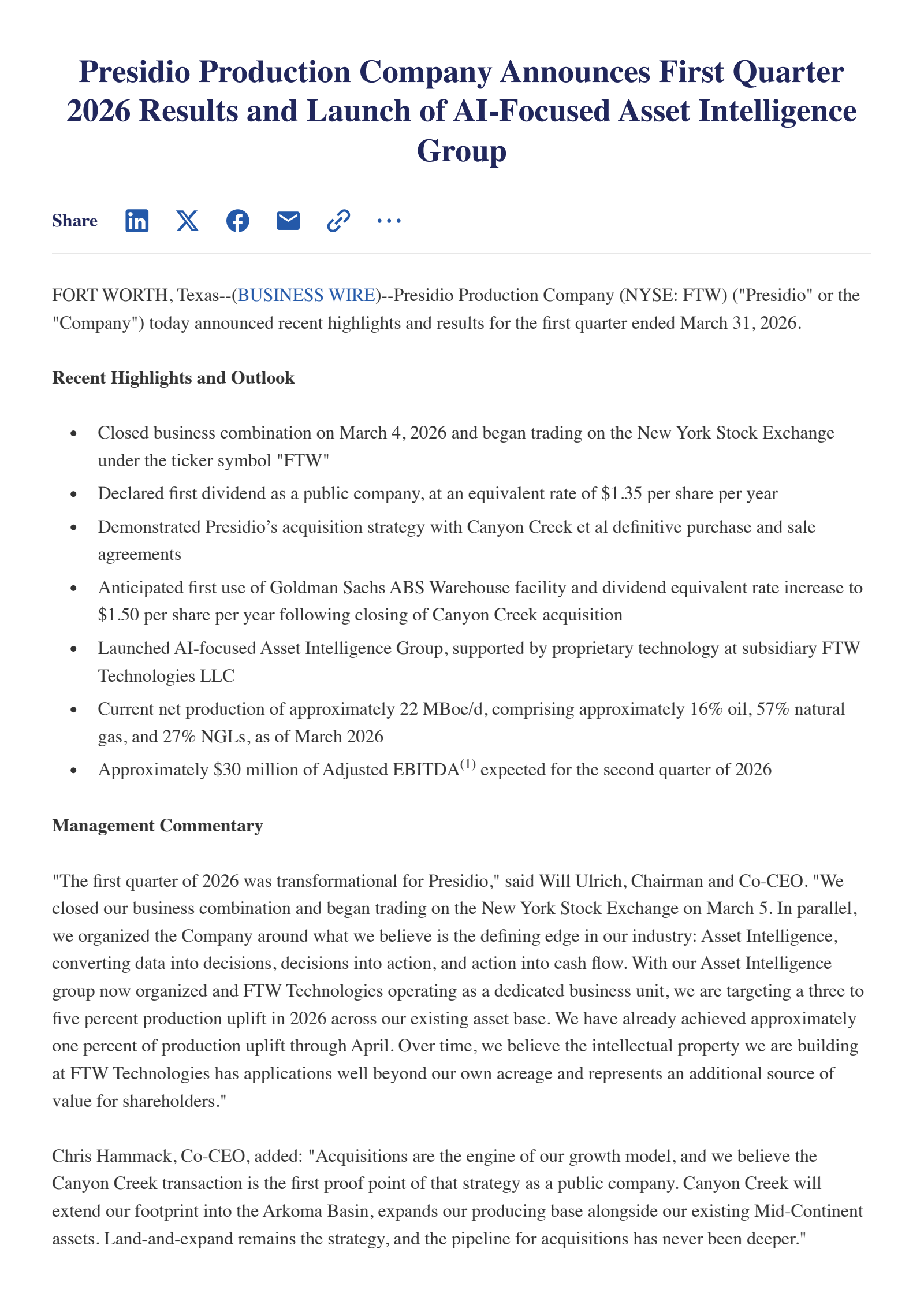Presidio Production's Q1 2026 Press Release