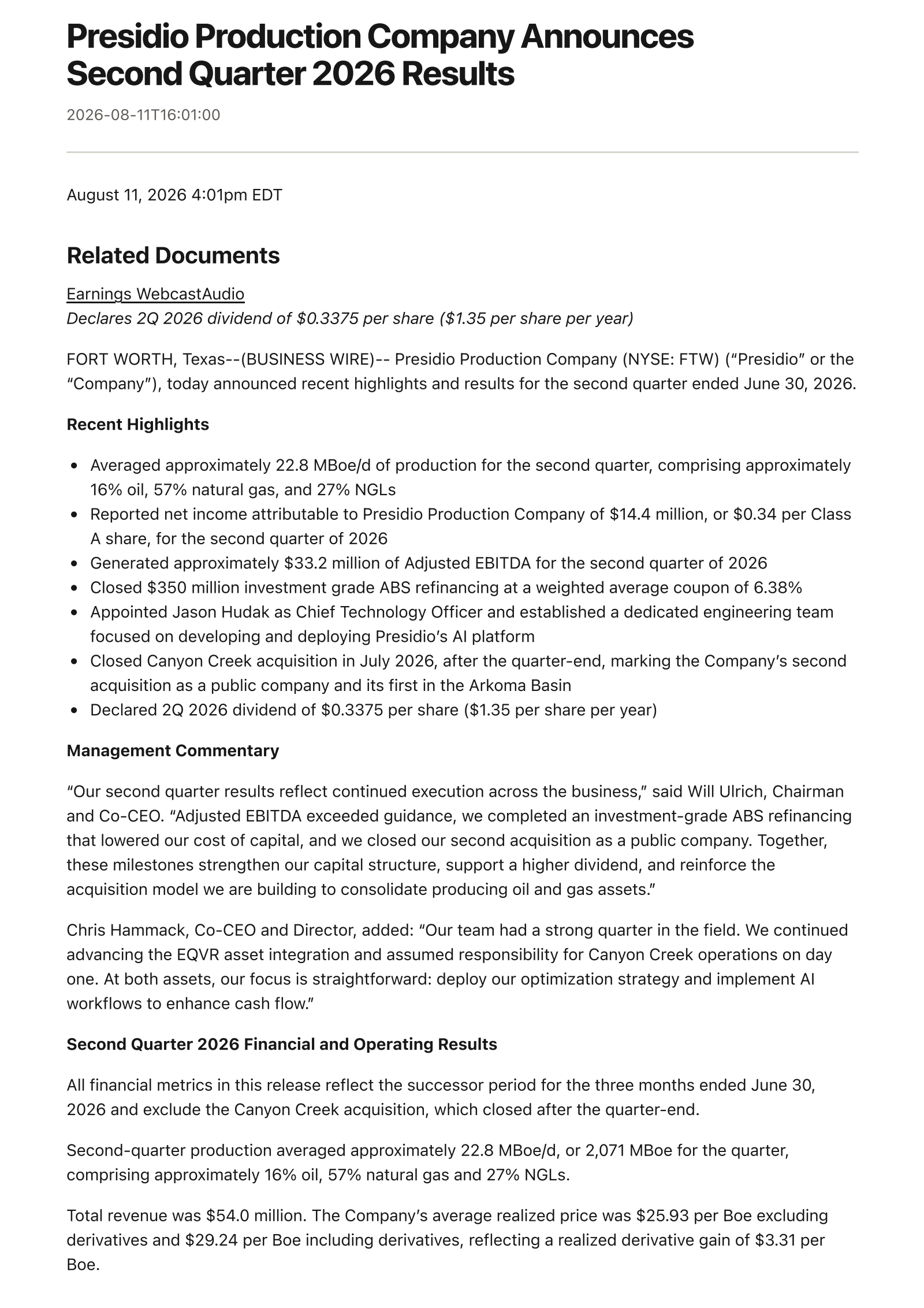 Presidio Production's Q2 2026 Press Release