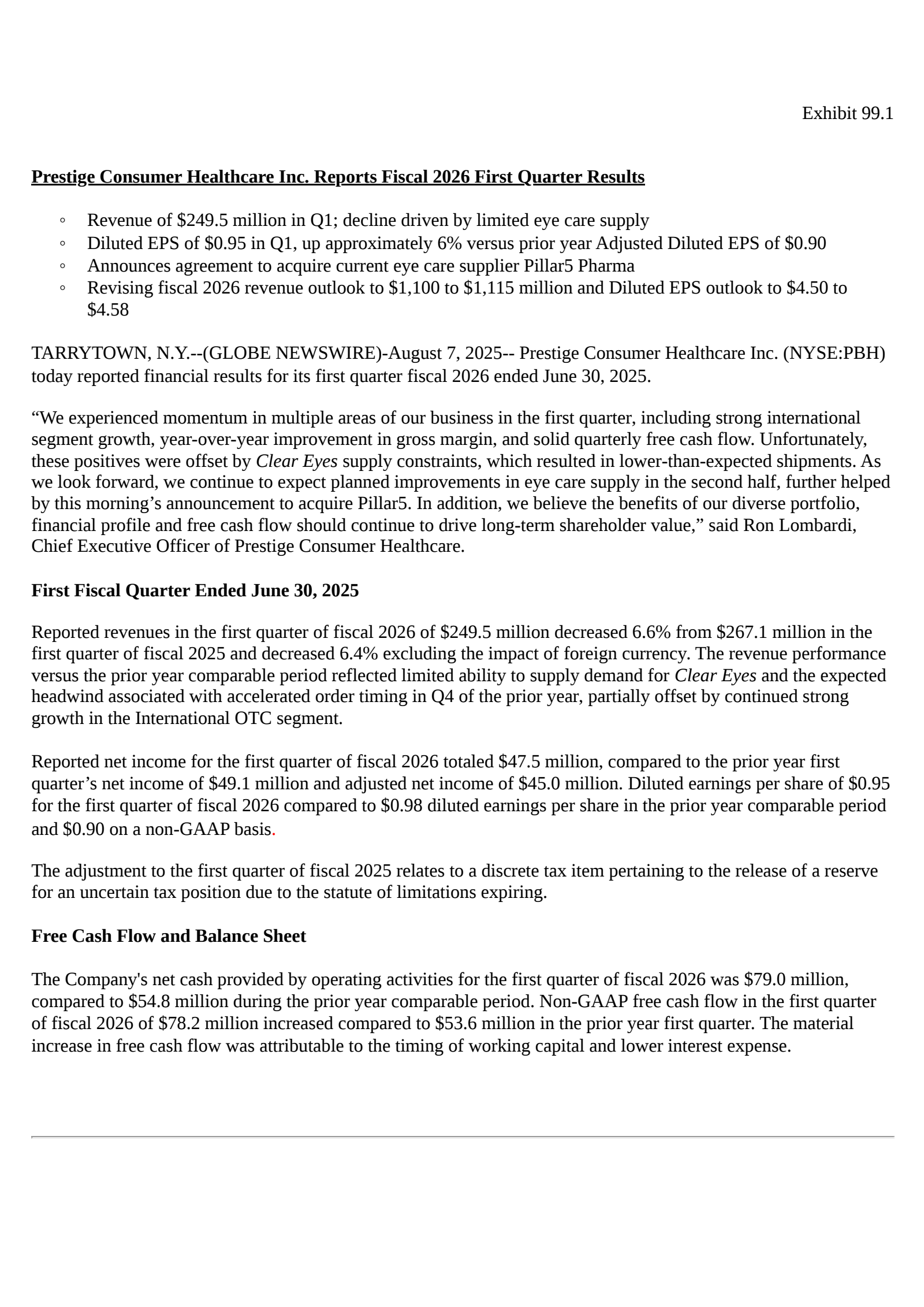 Prestige Consumer Healthcare's Q1 2026 Press Release