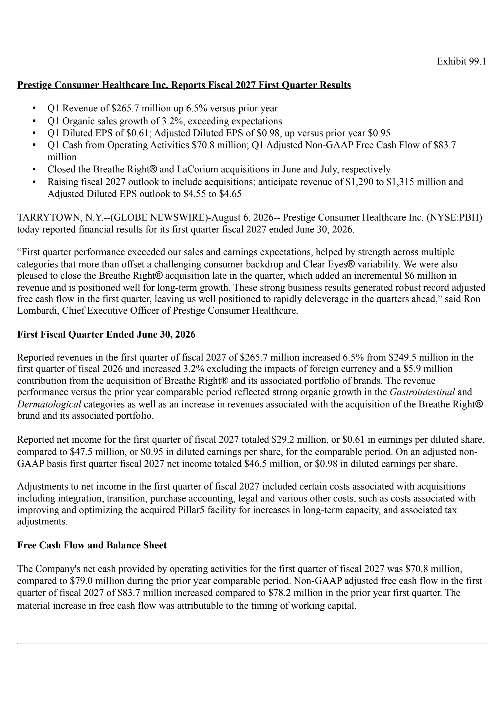 Prestige Consumer Healthcare's Q1 2027 Press Release