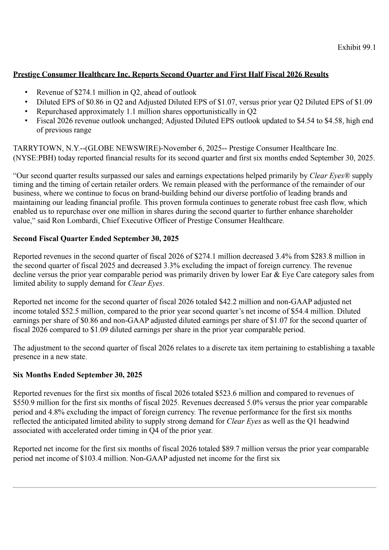 Prestige Consumer Healthcare's Q2 2026 Earnings Release