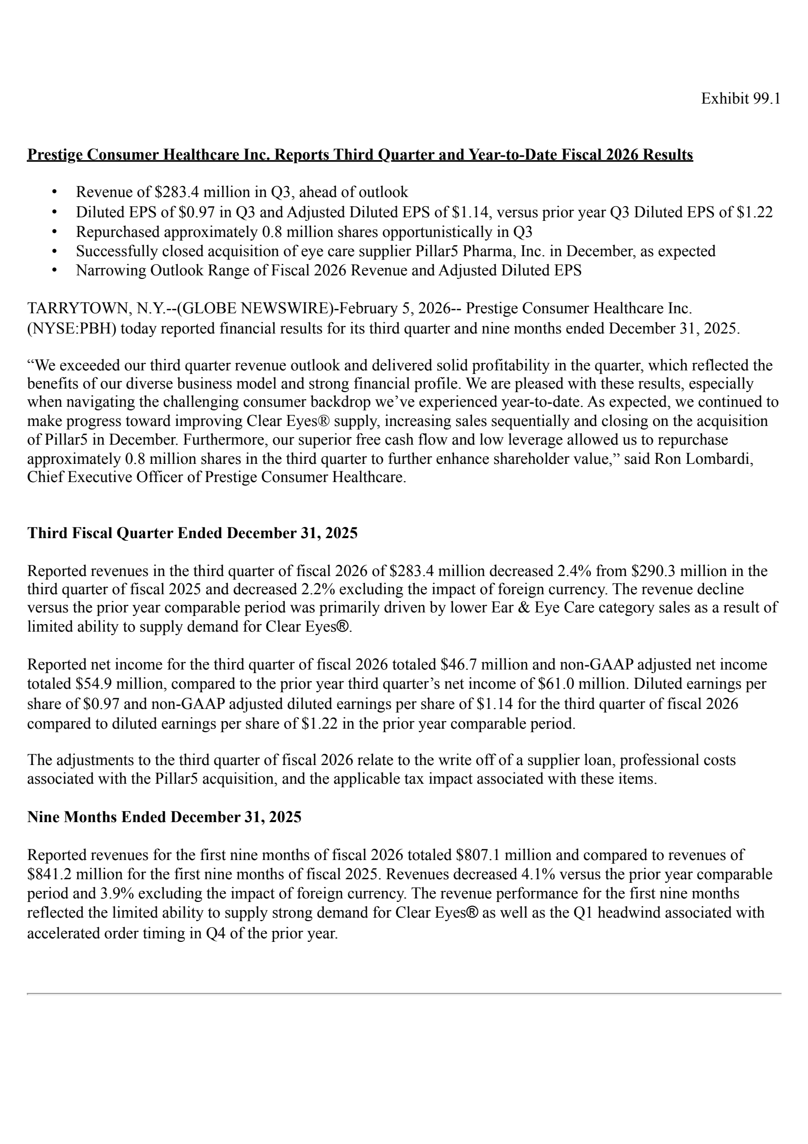 Prestige Consumer Healthcare's Q3 2026 Press Release