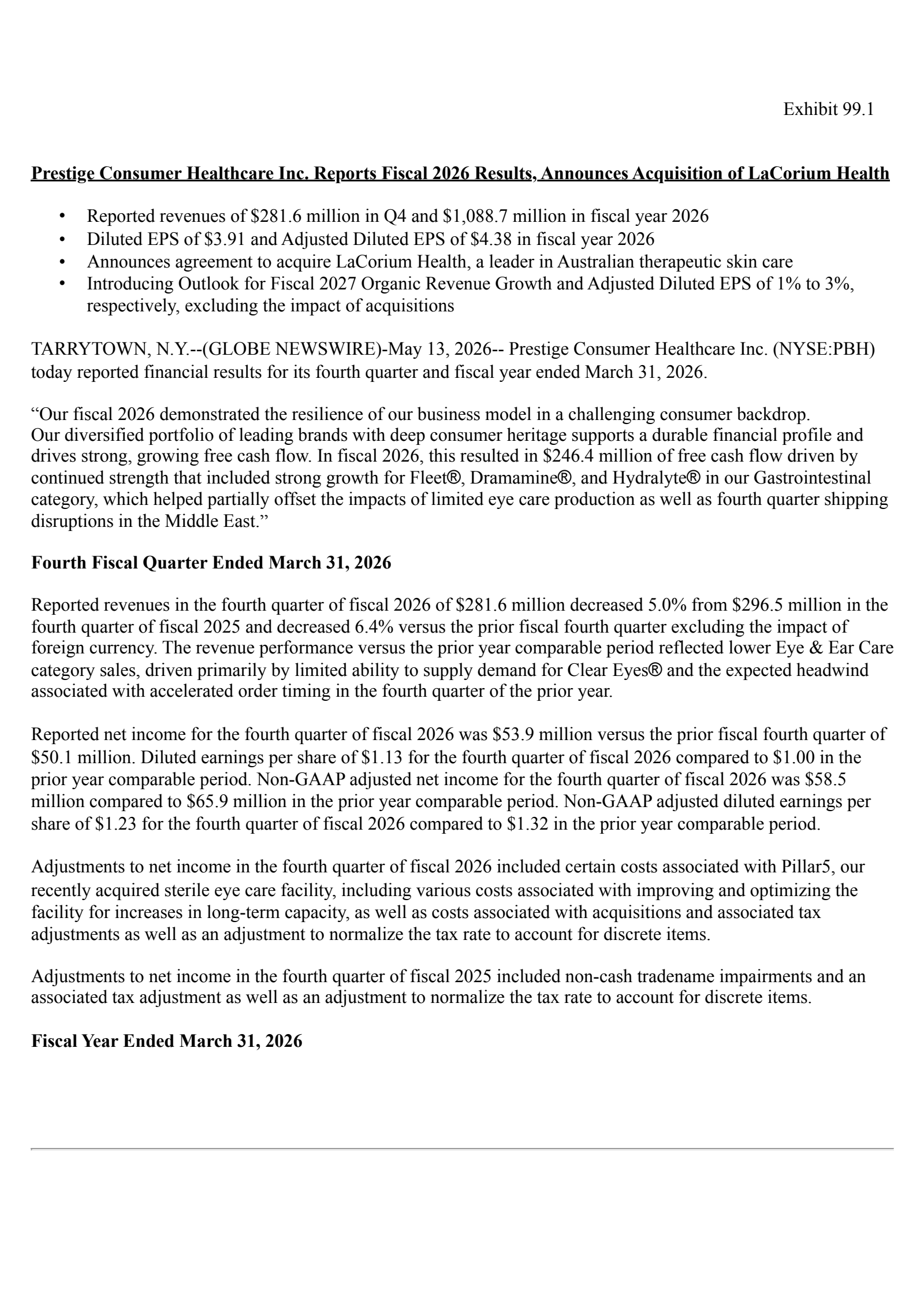 Prestige Consumer Healthcare's Q4 2026 Press Release