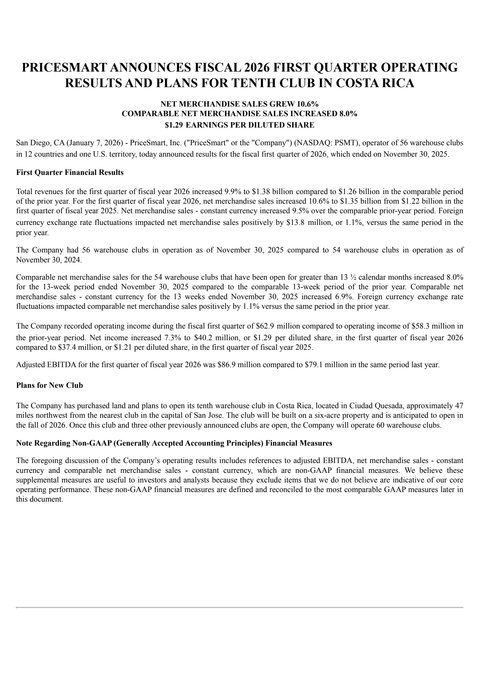 PriceSmart's Q1 2026 Earnings Release