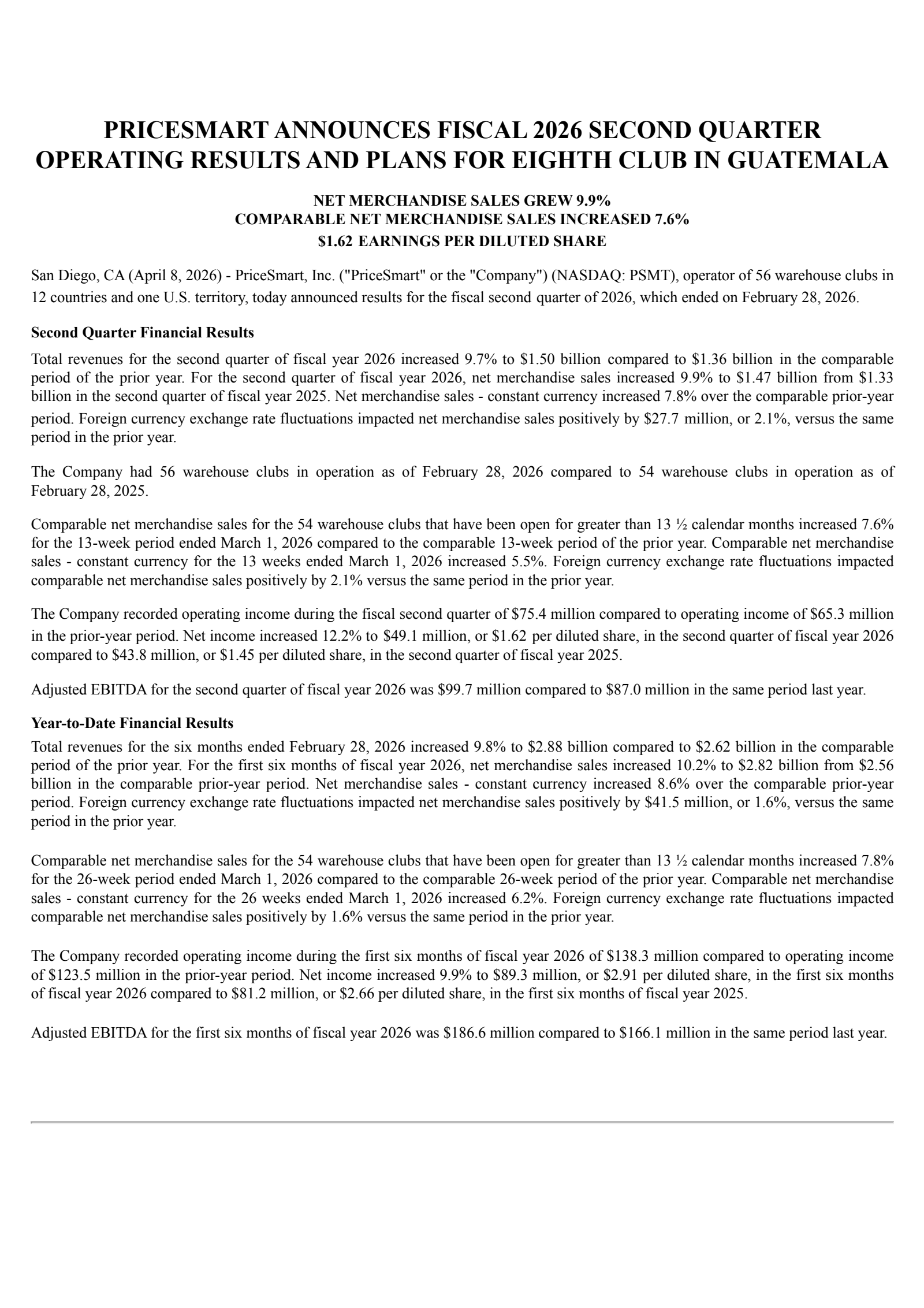 PriceSmart's Q2 2026 Press Release