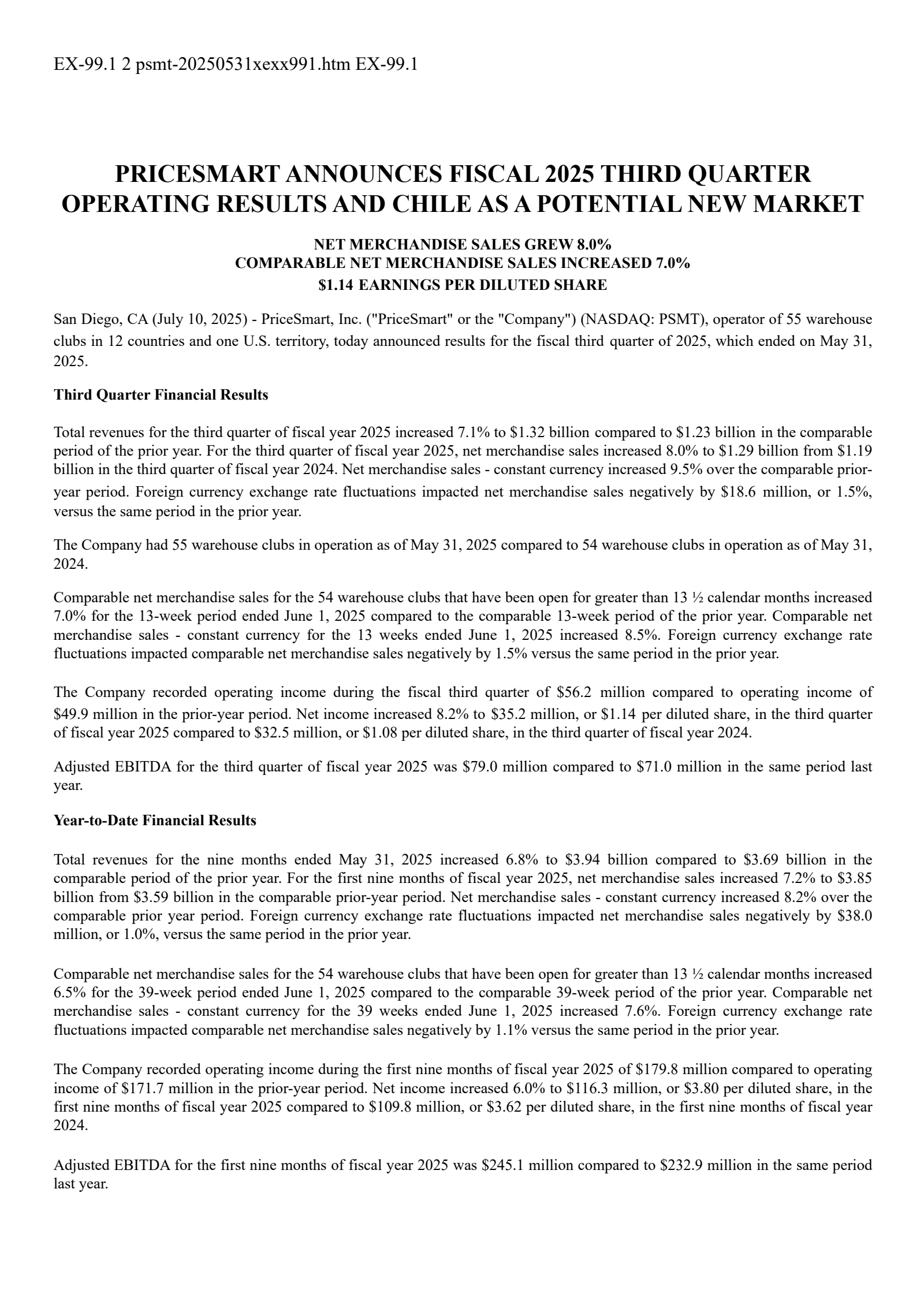 PriceSmart's Q3 2025 Press Release