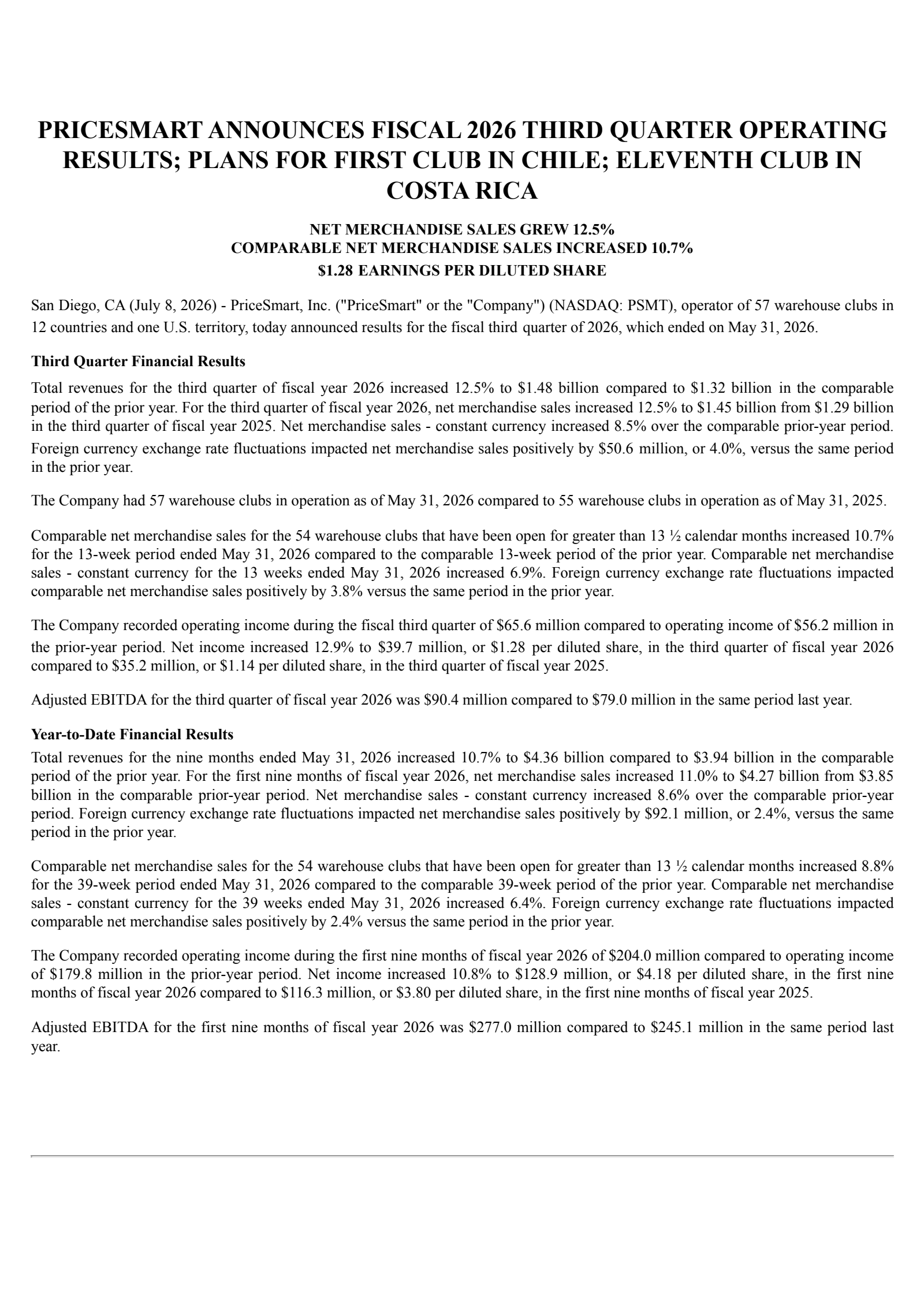 PriceSmart's Q3 2026 Press Release