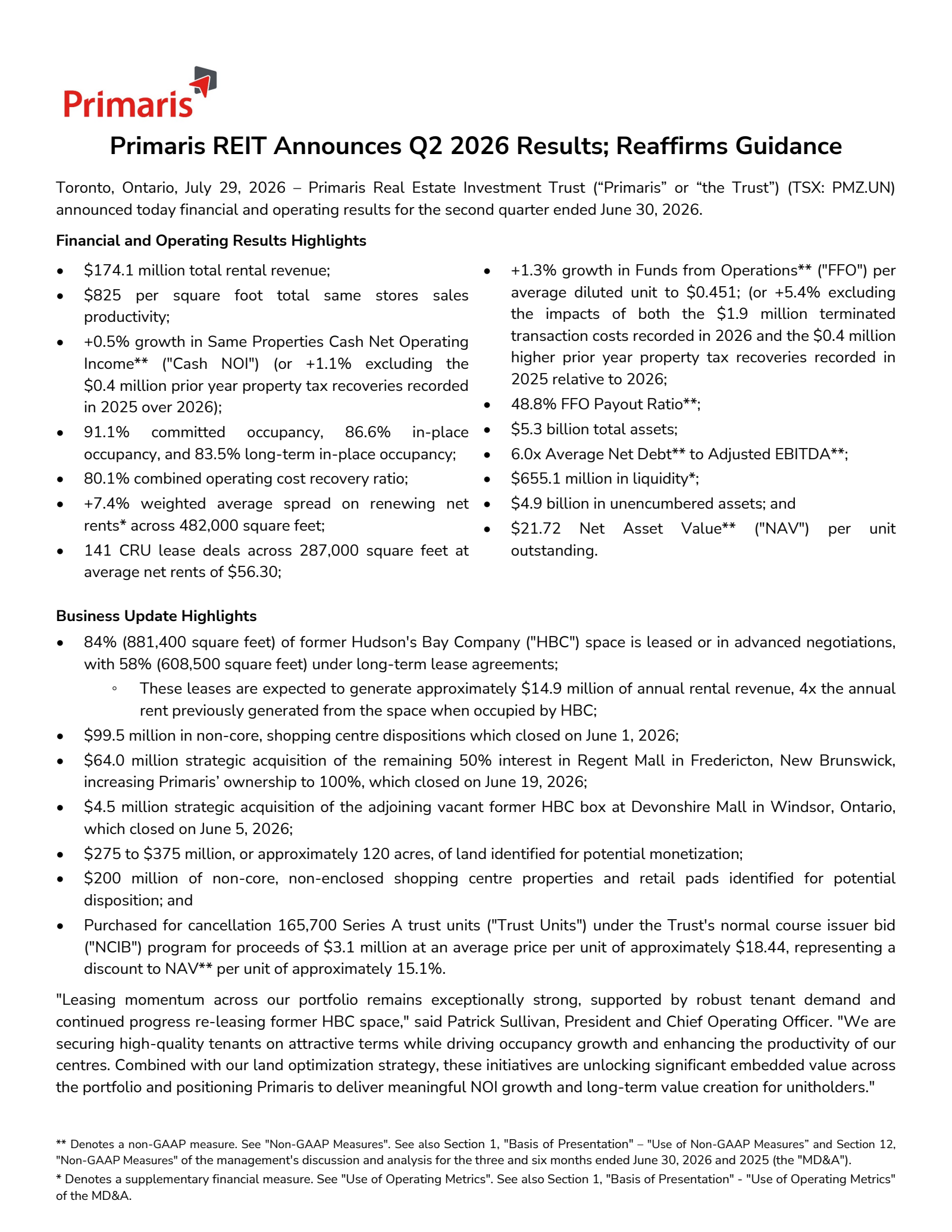 Primaris Retail REIT's Q2 2026 Press Release