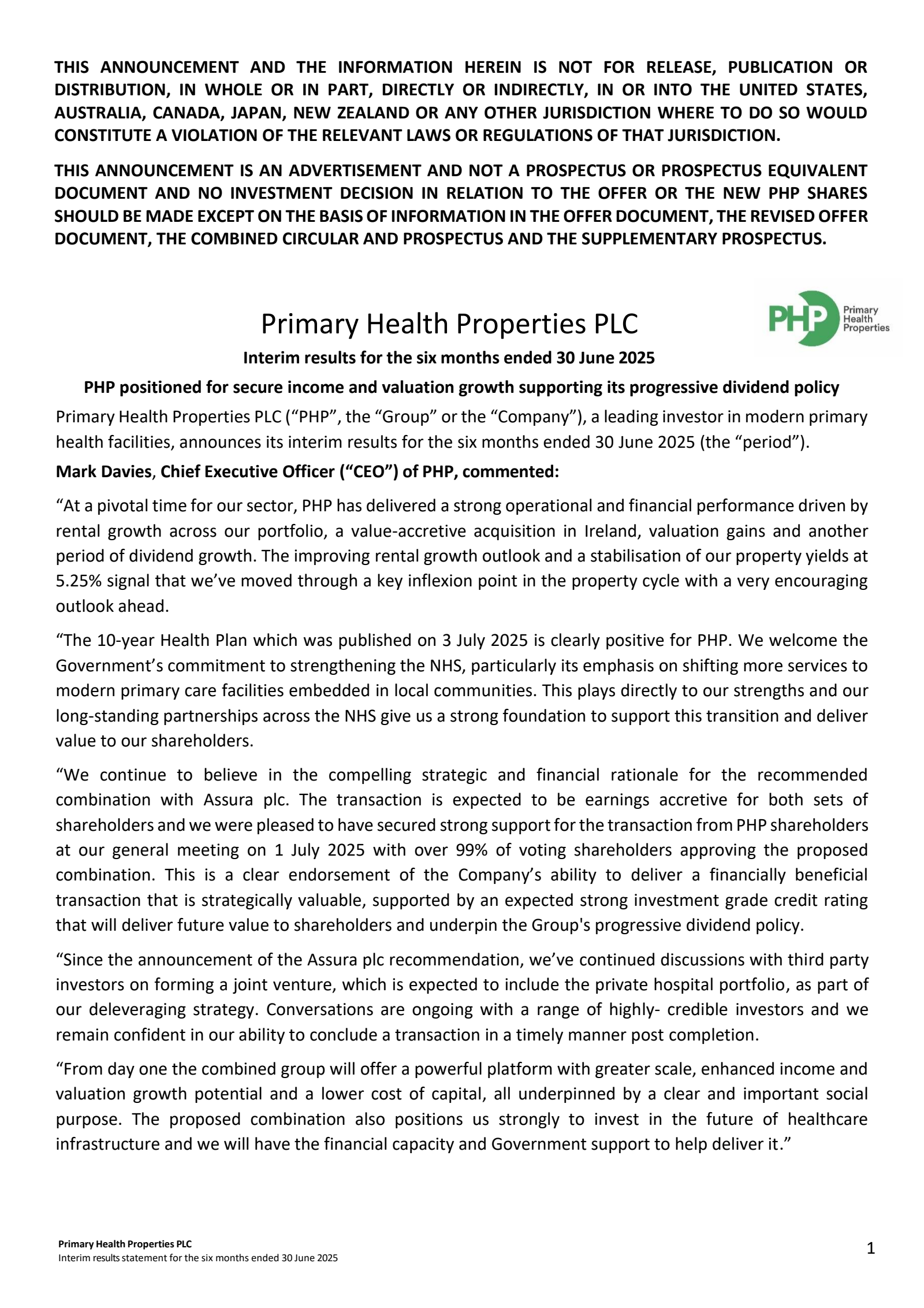 Primary Health Properties' CMD 2025 & H1 2025 Interim report