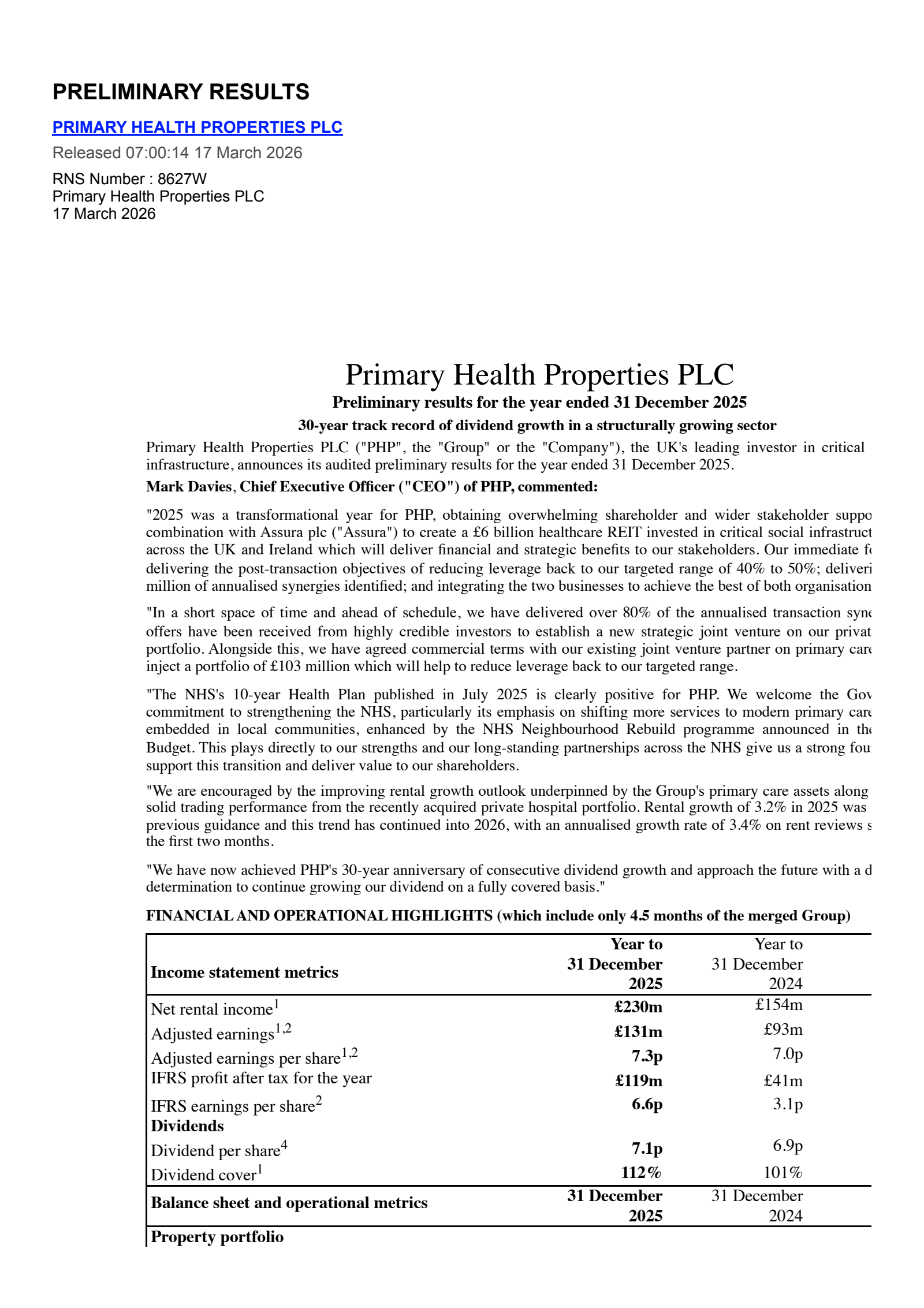 Primary Health Properties' H2 2025 Press Release