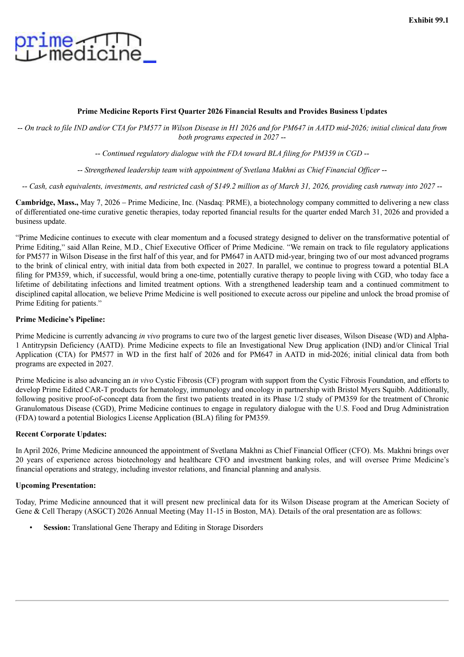 Prime Medicine's Q1 2026 Press Release