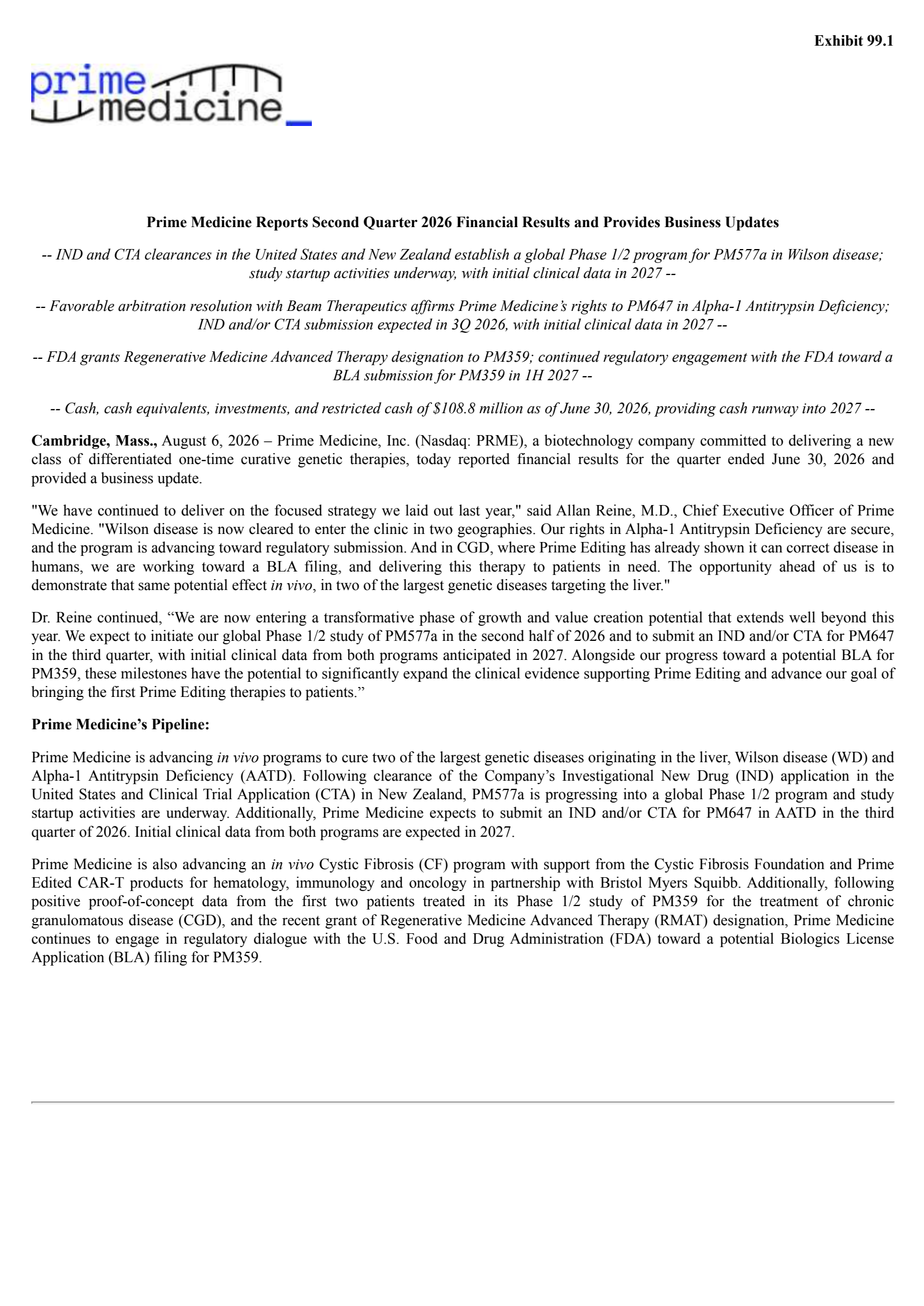 Prime Medicine's Q2 2026 Press Release