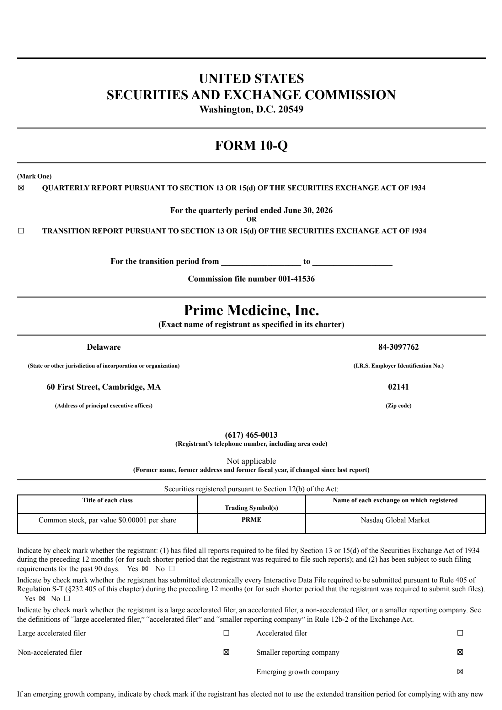 Prime Medicine's Q2 2026 Quarterly report