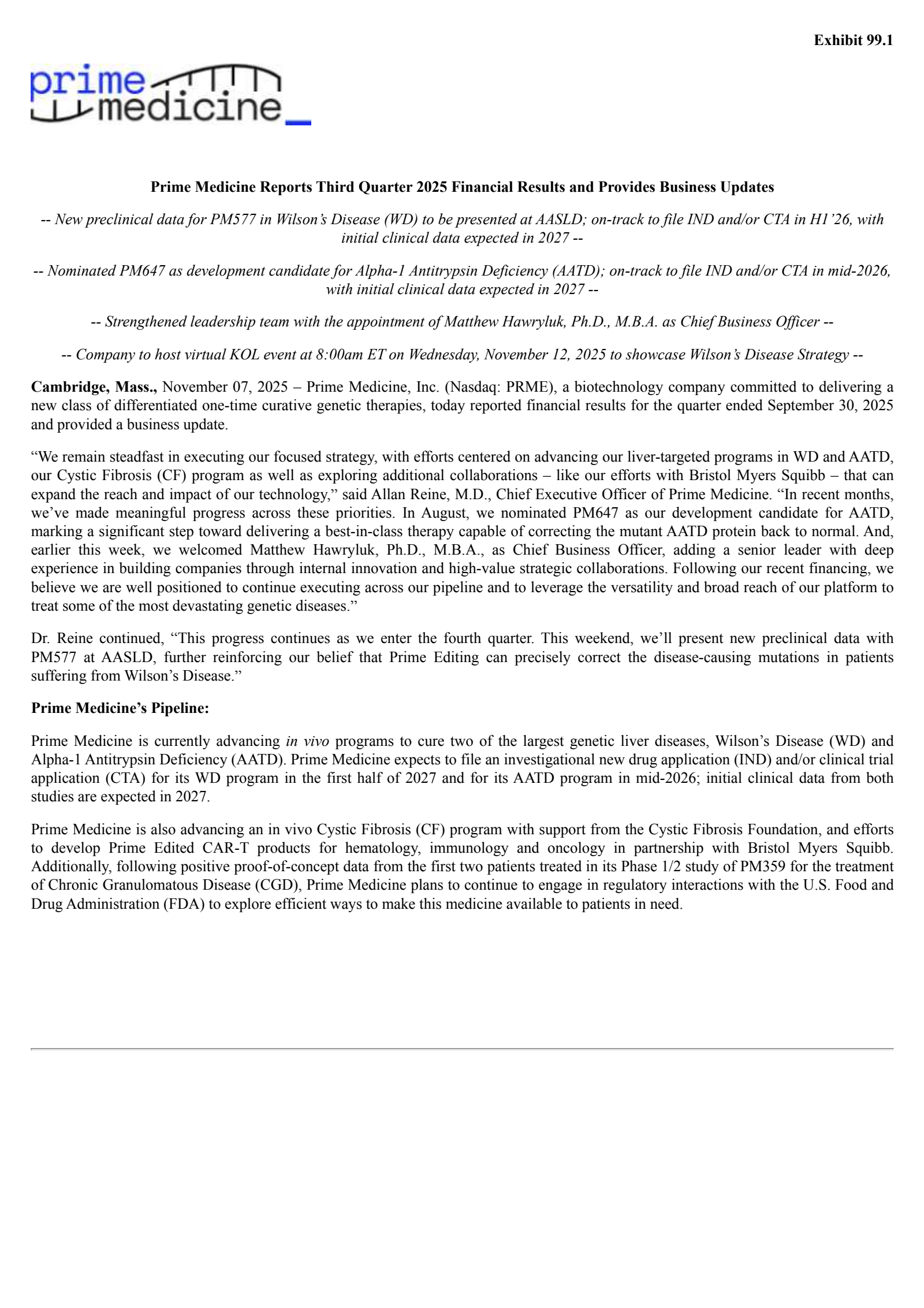 Prime Medicine's Q3 2025 Earnings Release