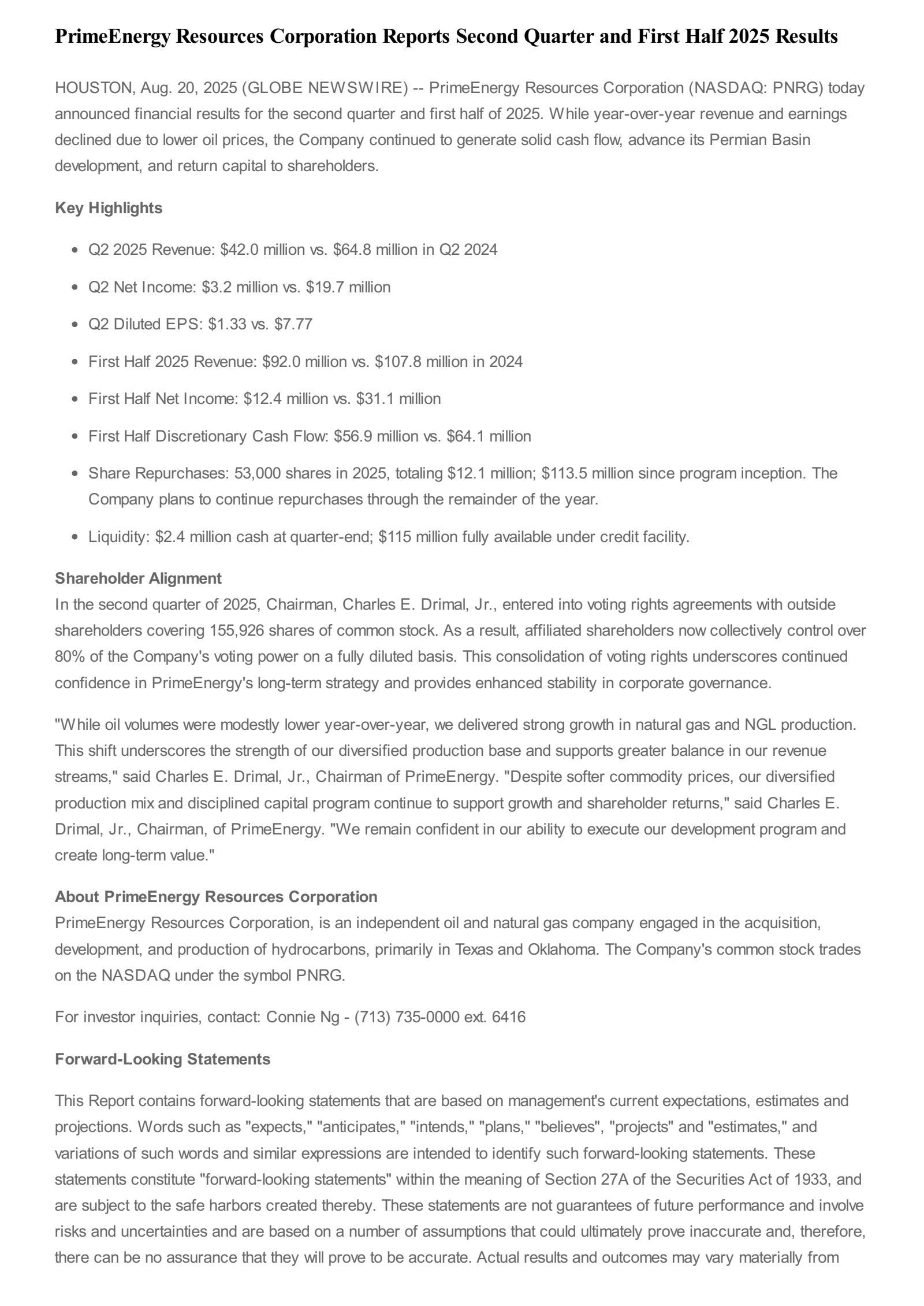 PrimeEnergy's Q2 2025 Press Release