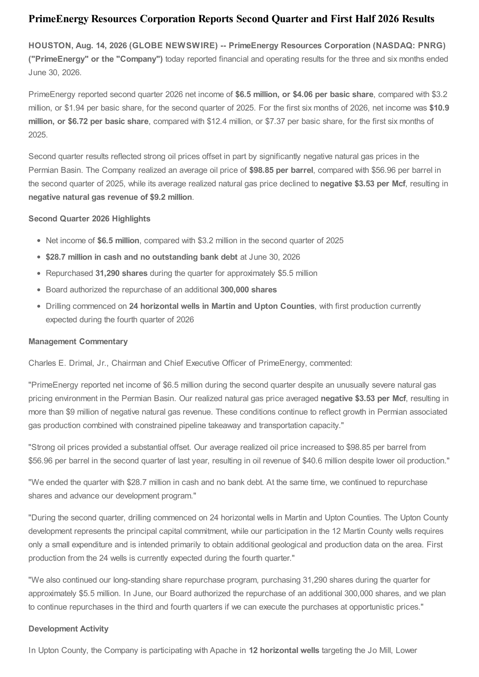 PrimeEnergy's Q2 2026 Press Release