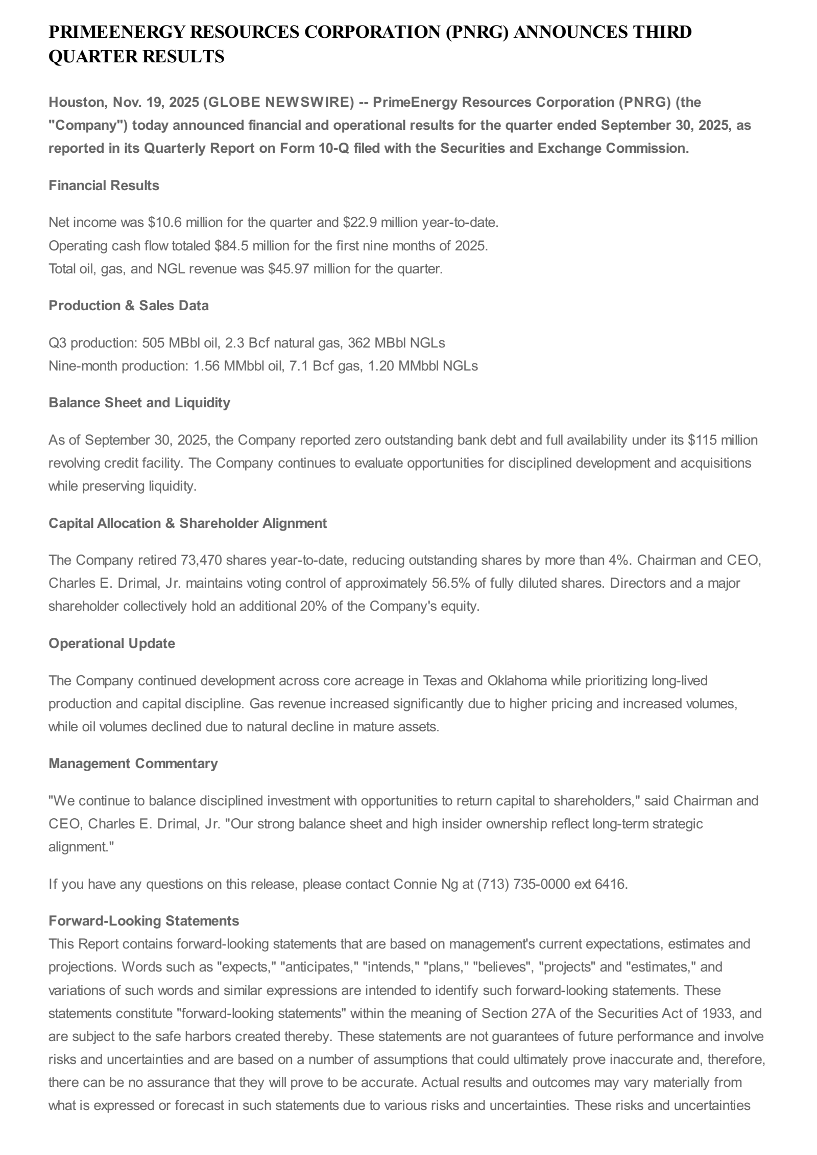 PrimeEnergy's Q3 2025 Earnings Release