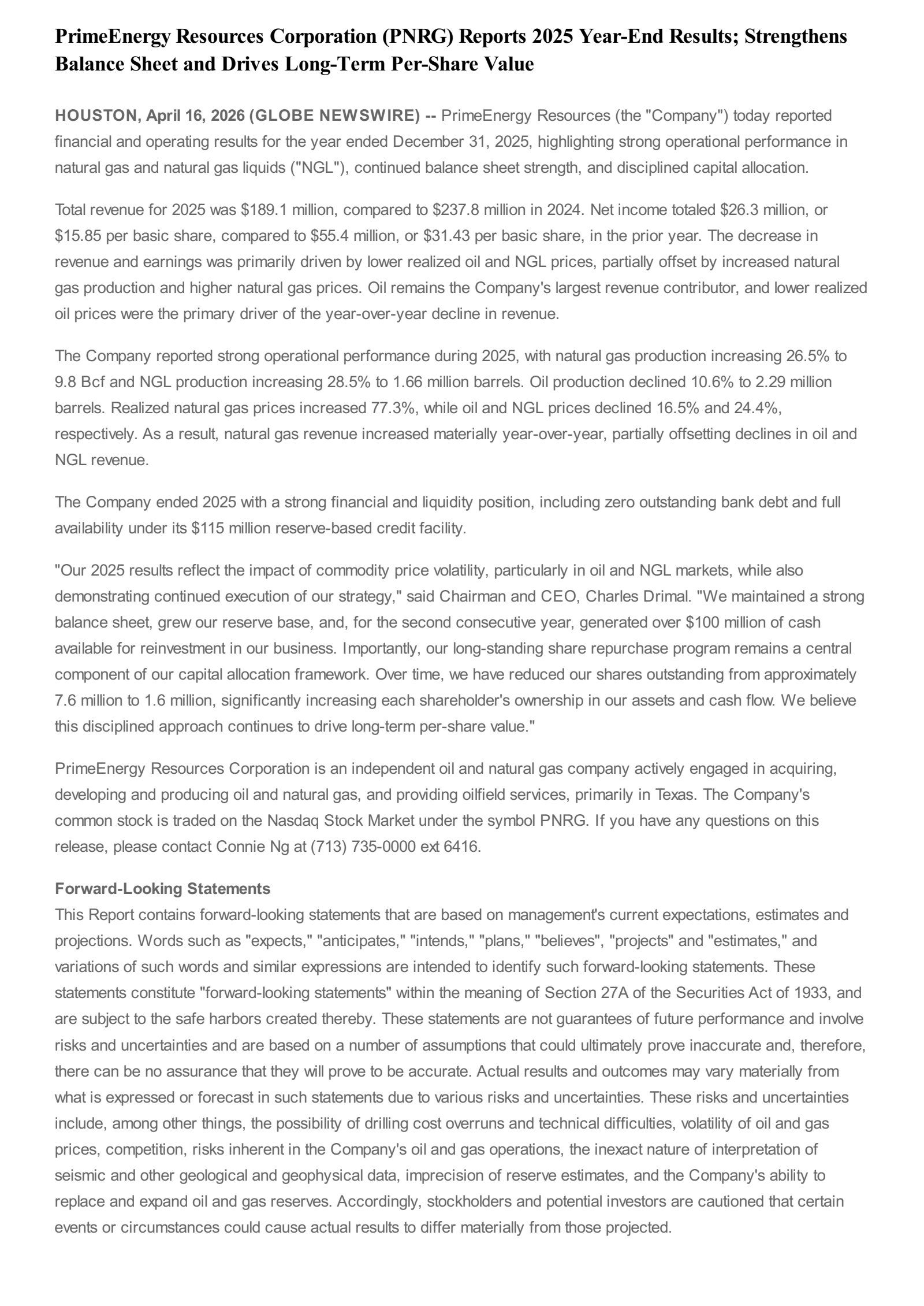 PrimeEnergy's Q4 2025 Press Release