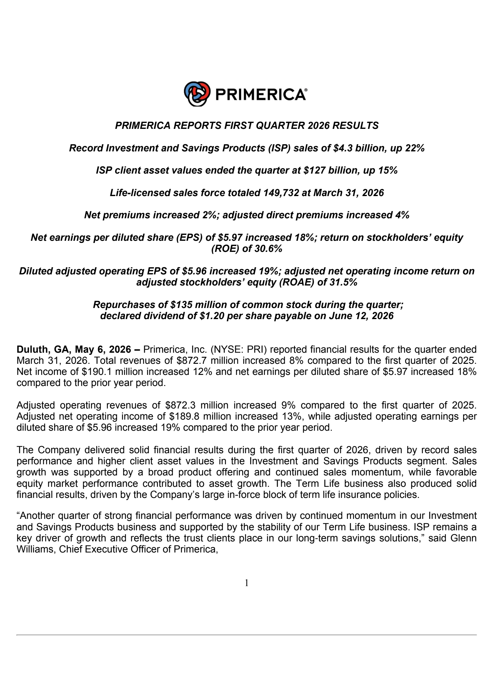 Primerica's Q1 2026 Press Release