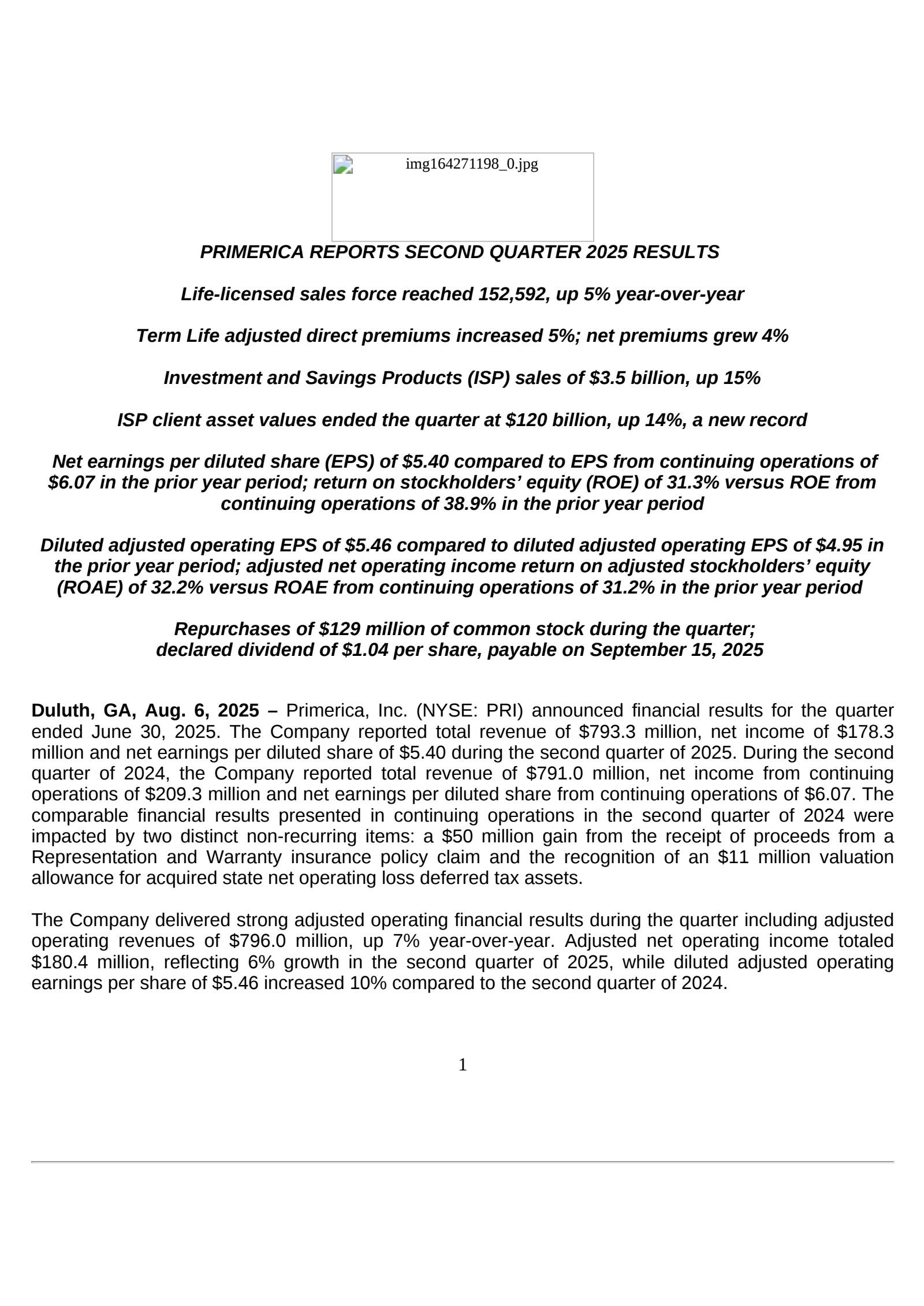 Primerica's Q2 2025 Press Release