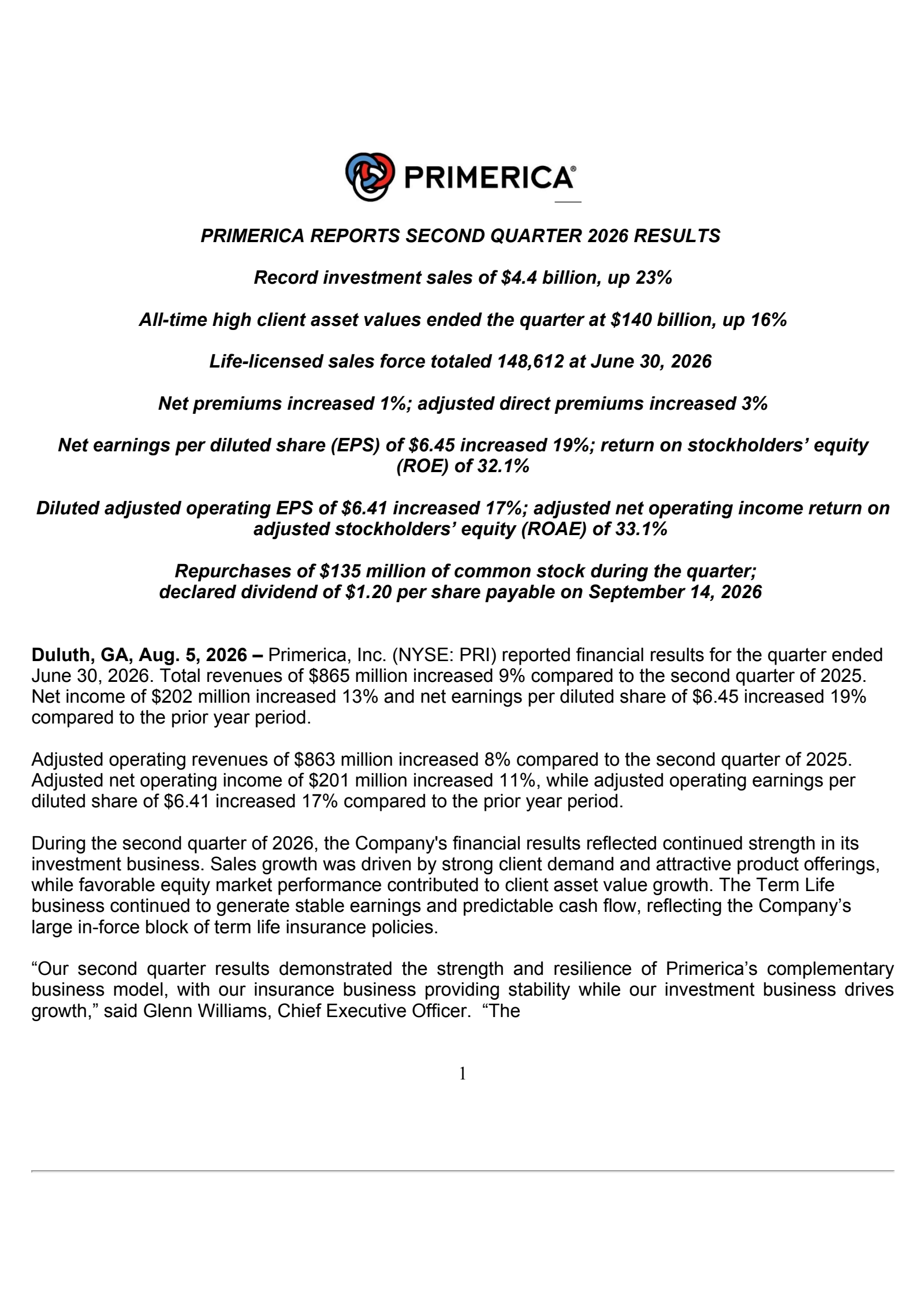 Primerica's Q2 2026 Press Release