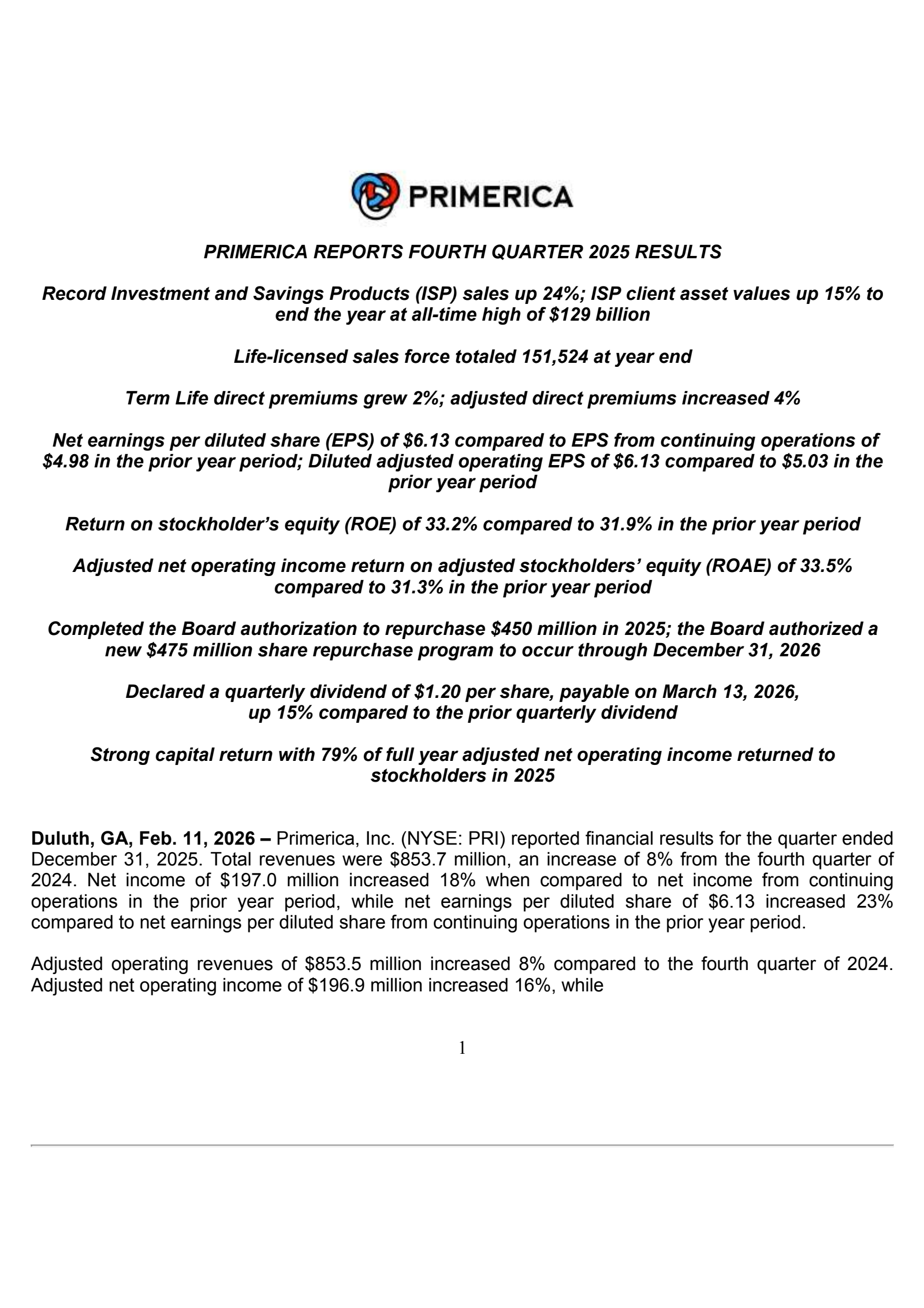 Primerica's Q4 2025 Press Release