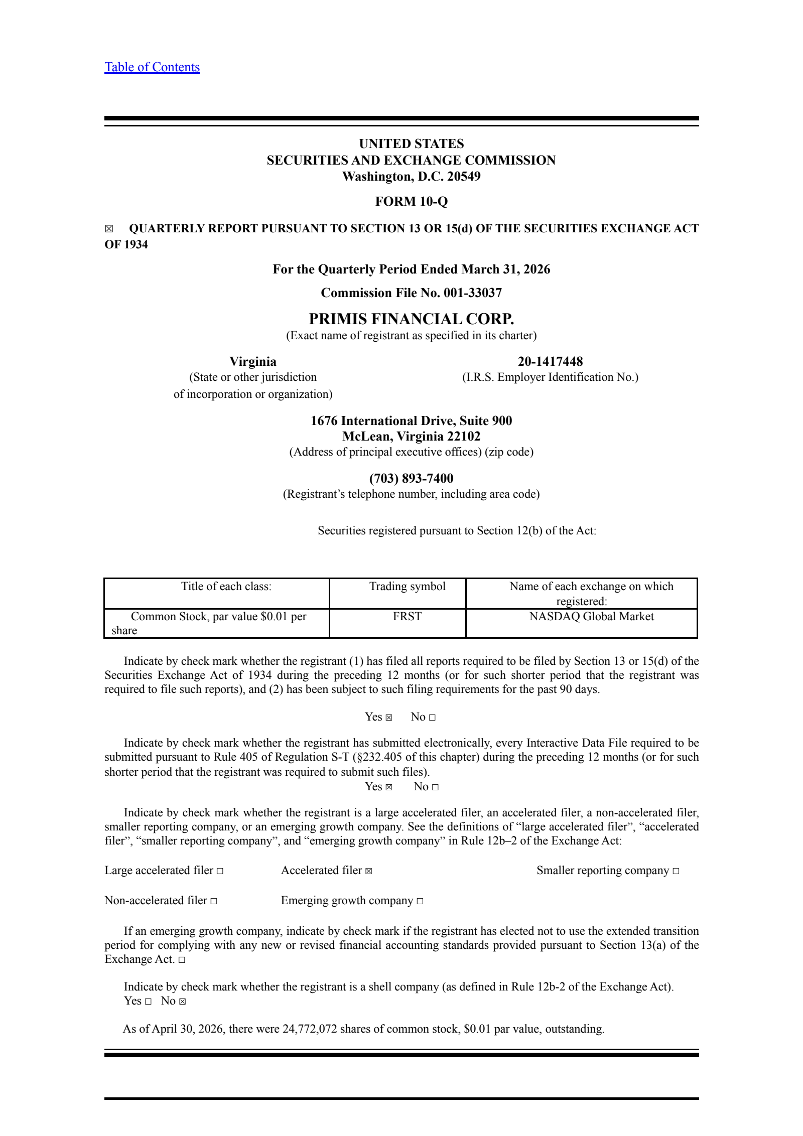 Primis Financial's Q1 2026 Quarterly report