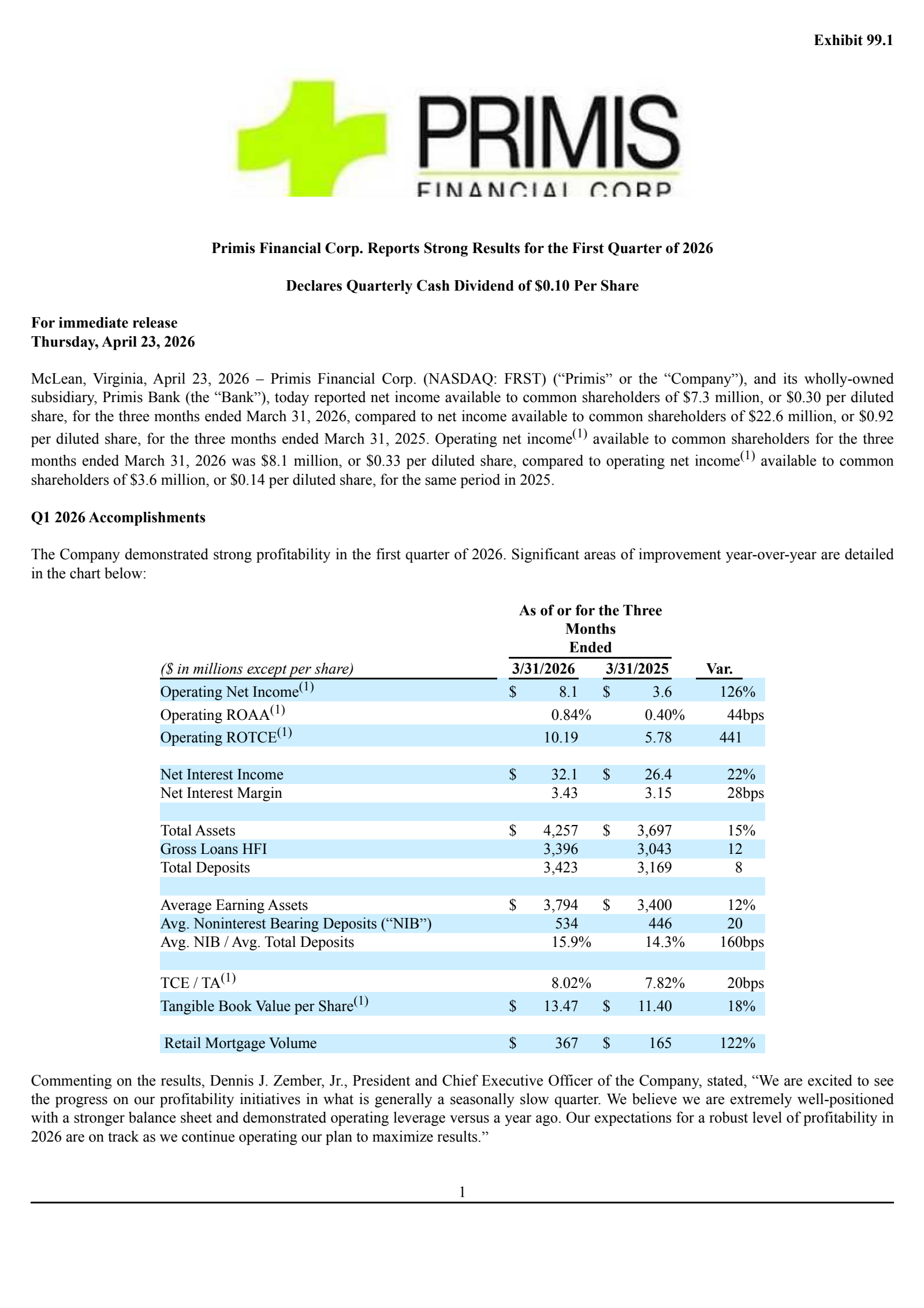 Primis Financial's Q1 2026 Press Release