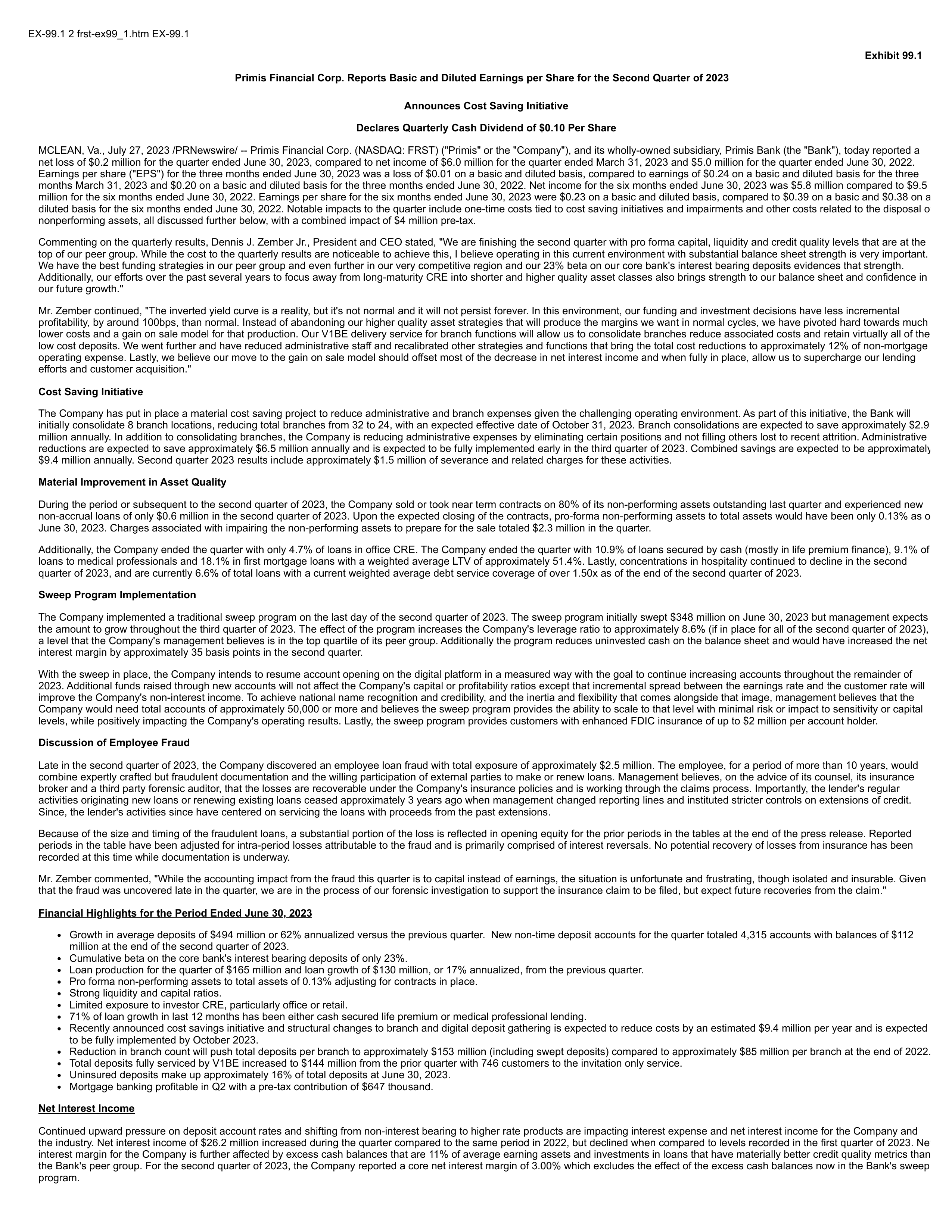 Primis Financial's Q2 2023 Press Release