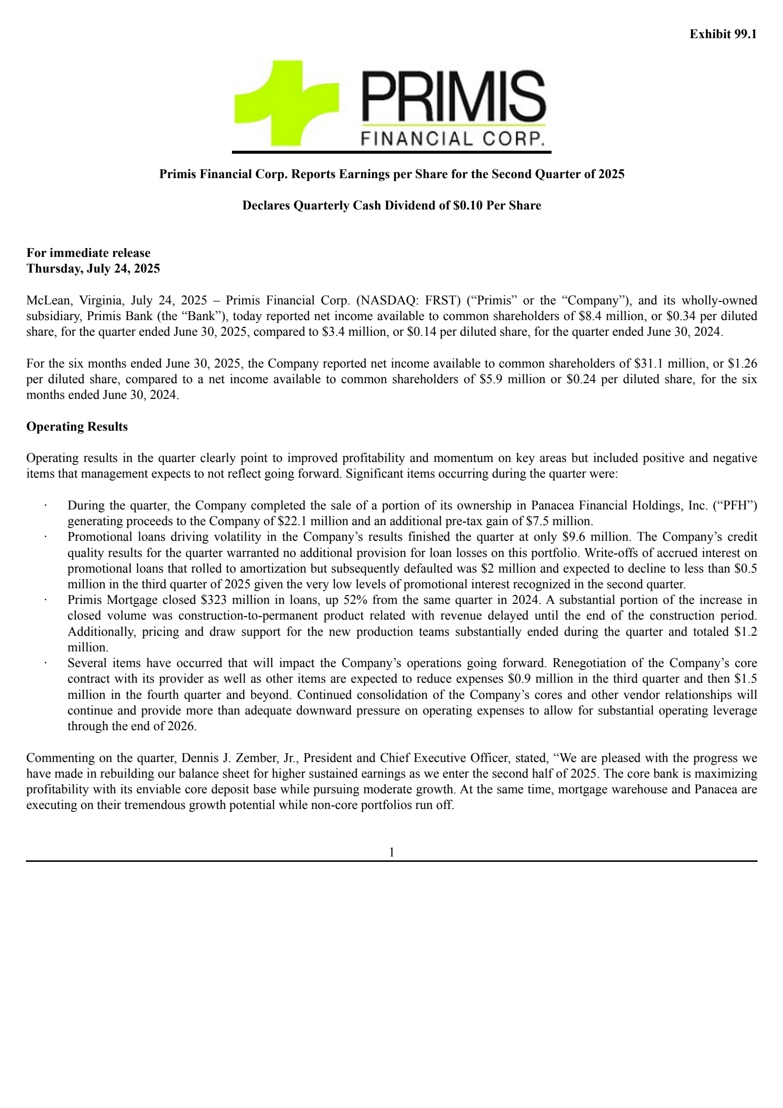 Primis Financial's Q2 2025 Press Release