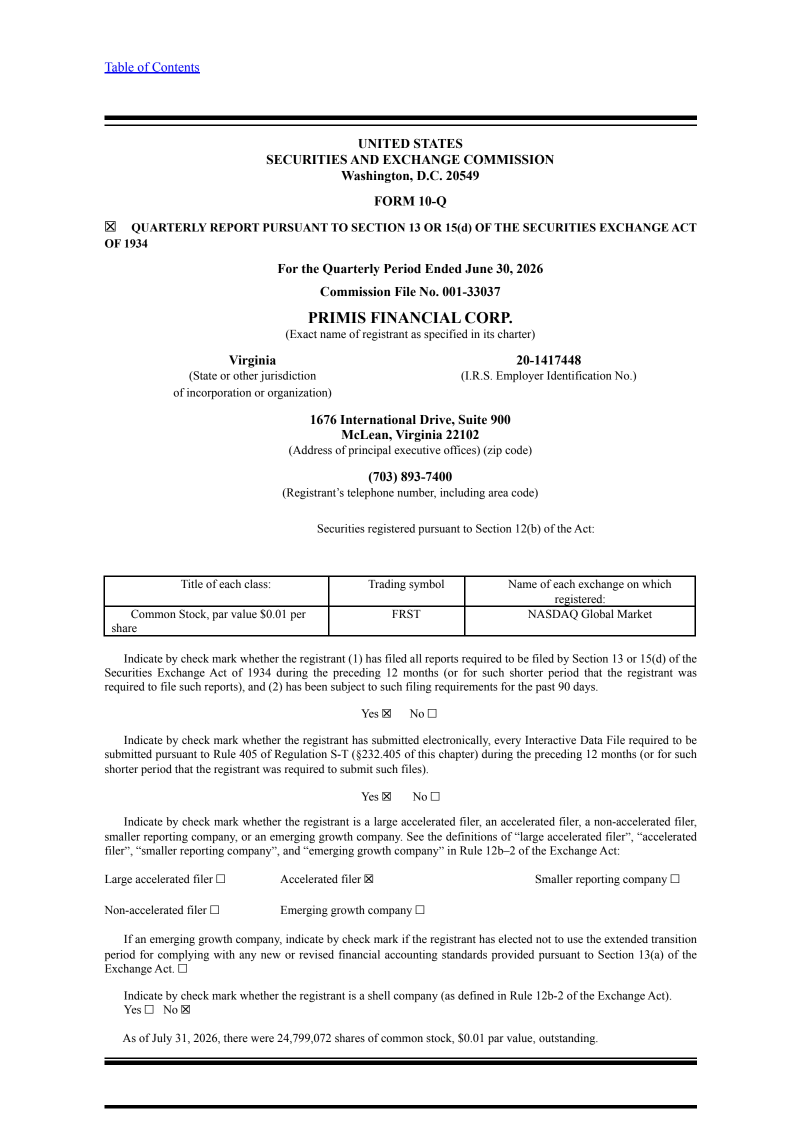 Primis Financial's Q2 2026 Quarterly report