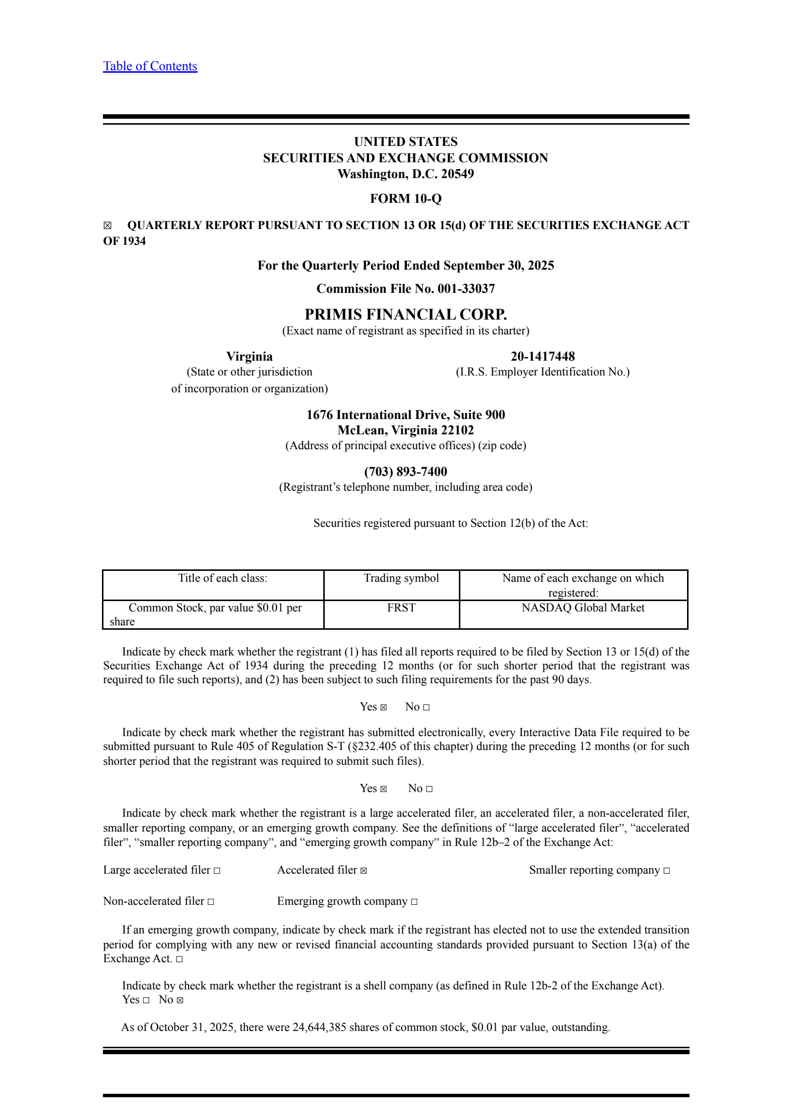 Primis Financial's Q3 2025 Quarterly Report