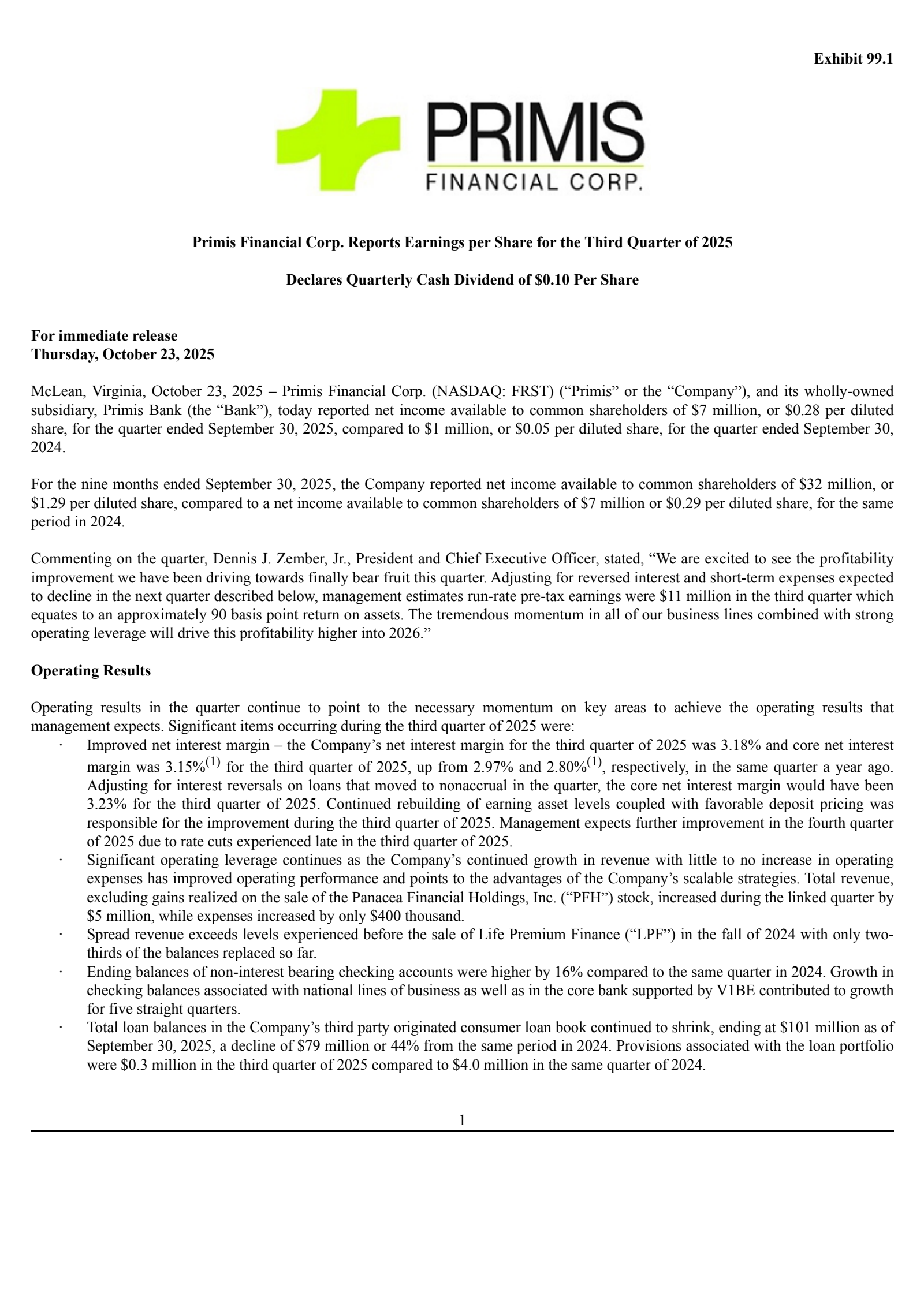 Primis Financial's Q3 2025 Earnings Release