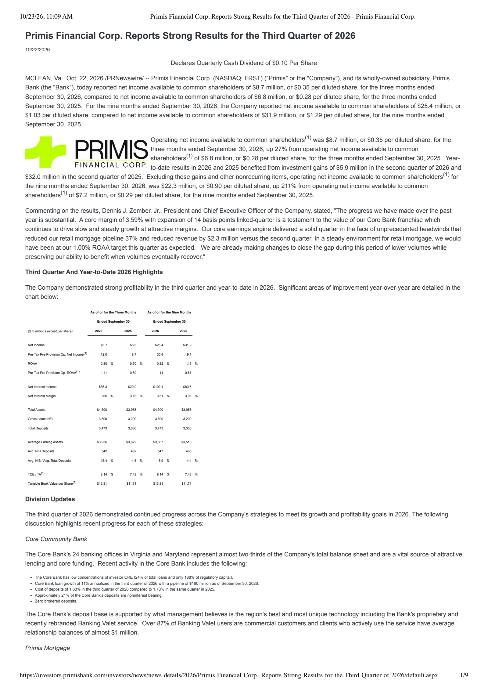 Primis Financial's Q3 2026 Press Release