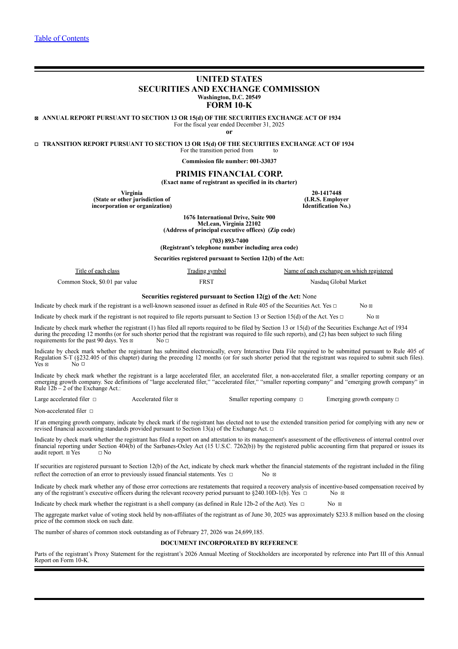 Primis Financial's Q4 2025 Annual report