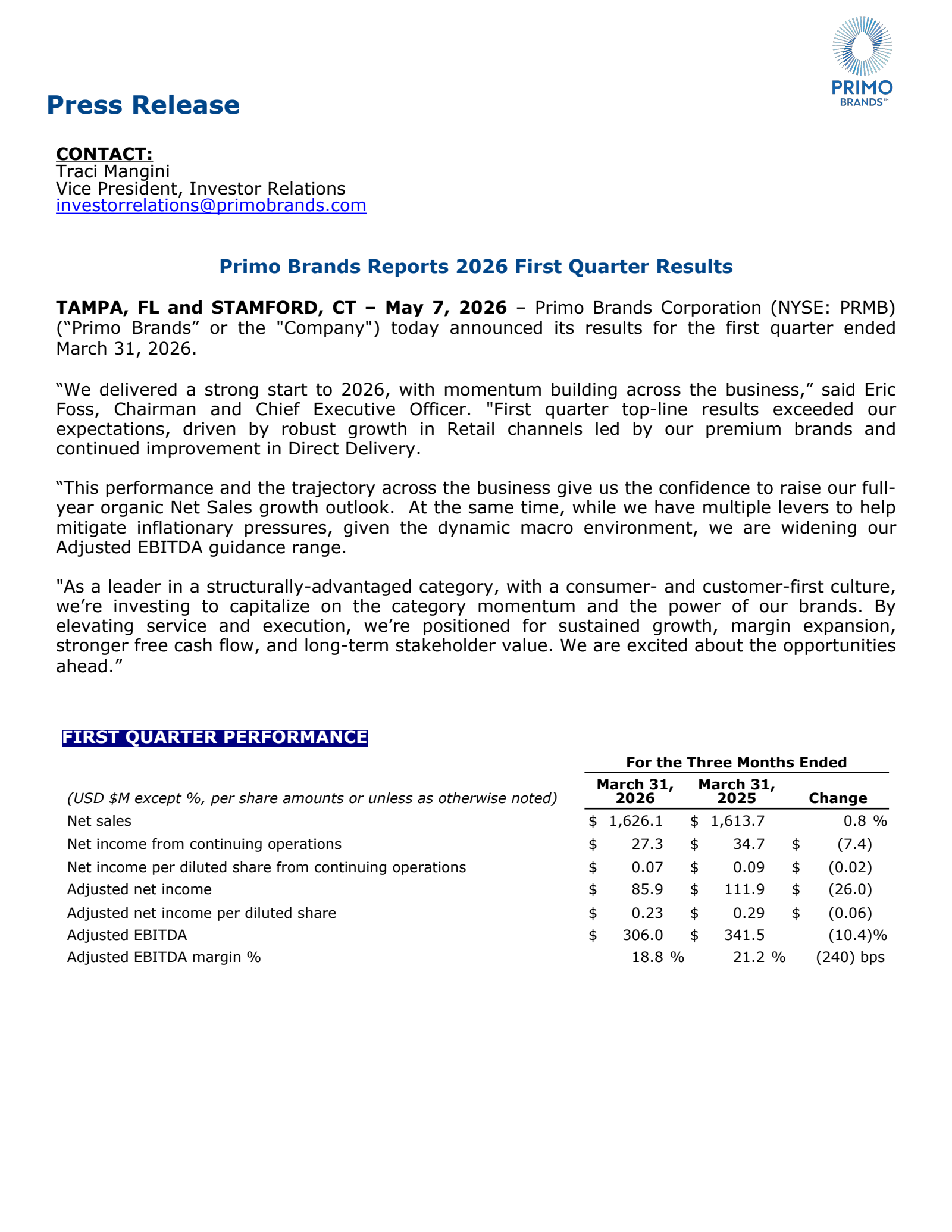 Primo Brands' Q1 2026 Press Release