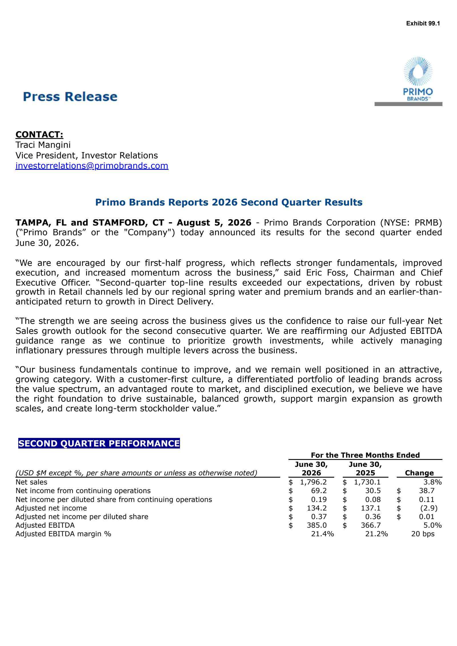 Primo Brands' Q2 2026 Press Release