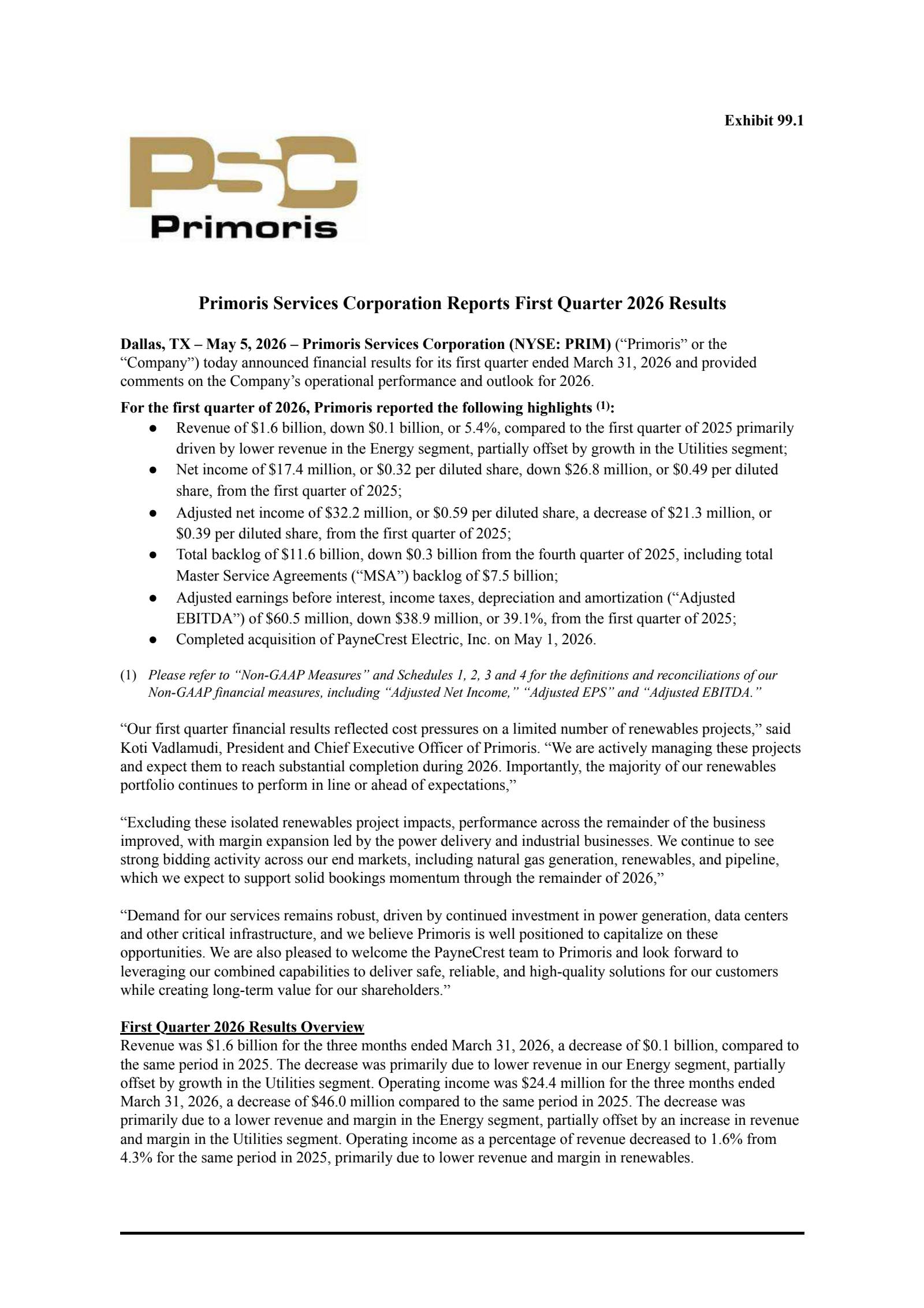 Primoris Services' Q1 2026 Press Release