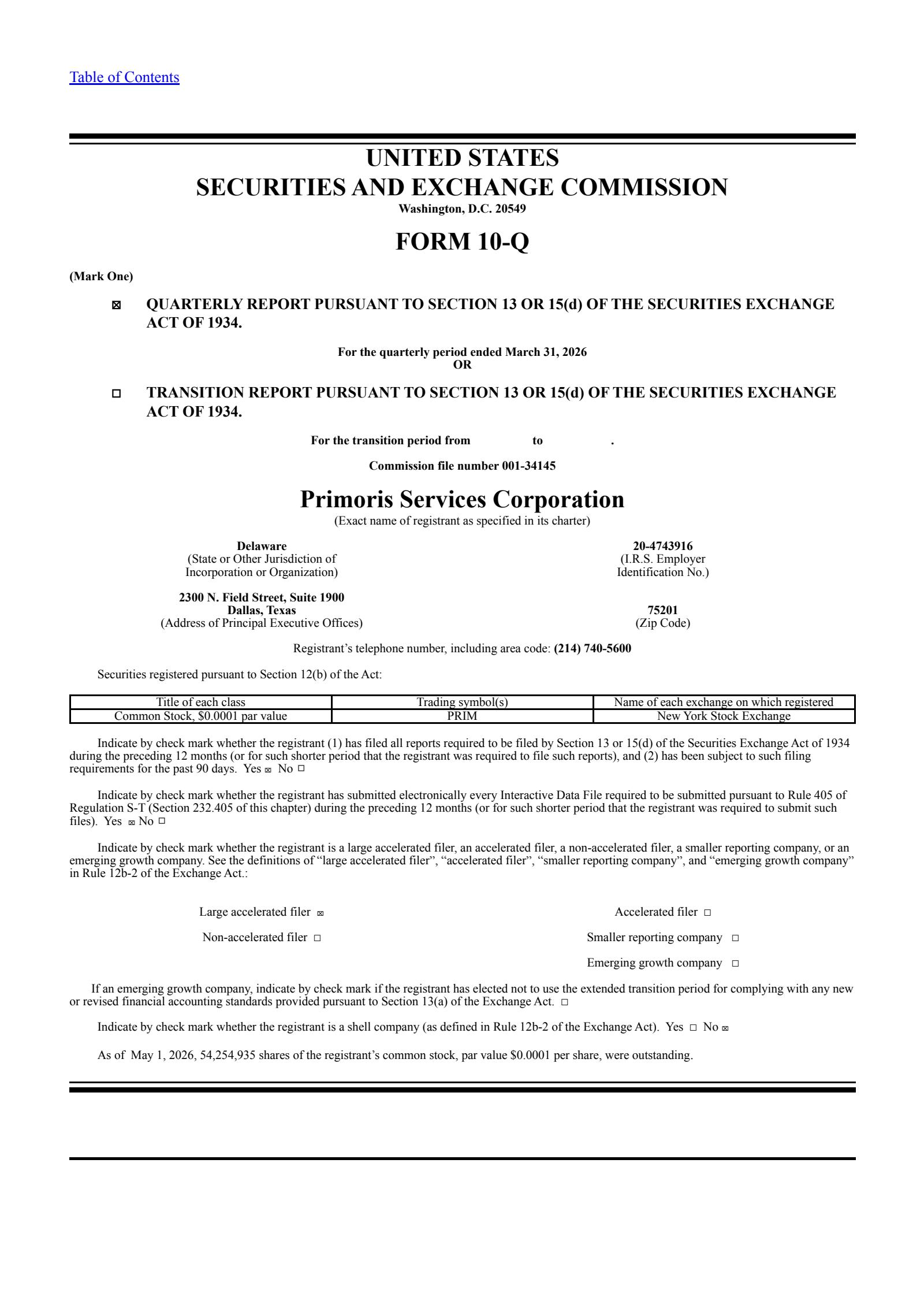 Primoris Services' Q1 2026 Quarterly report