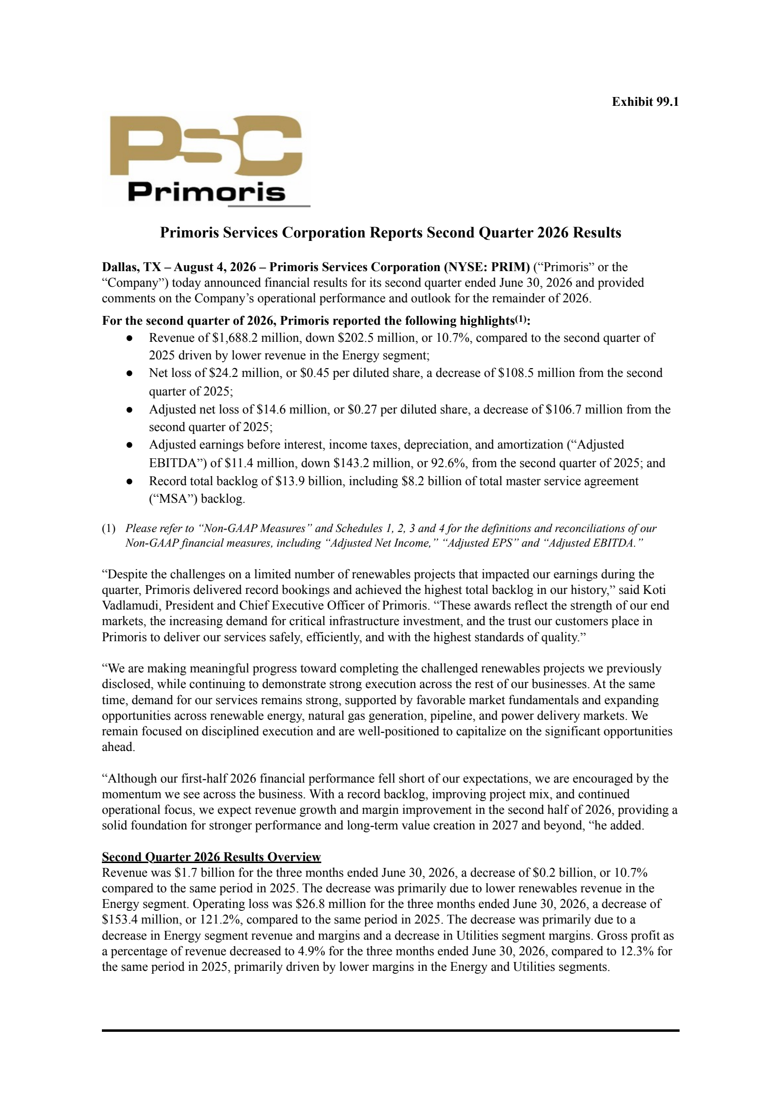 Primoris Services' Q2 2026 Press Release