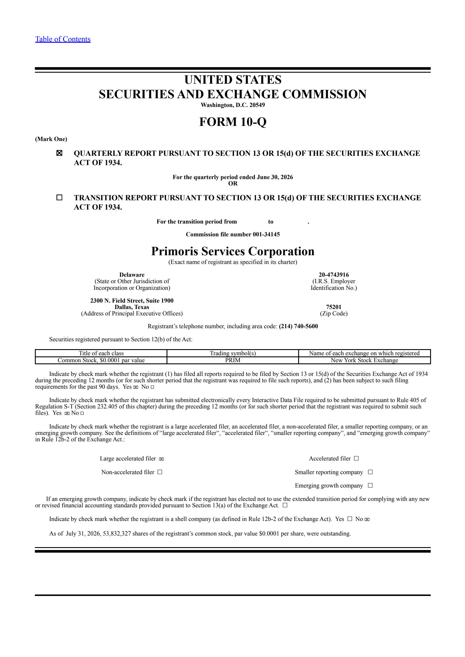 Primoris Services' Q2 2026 Quarterly report