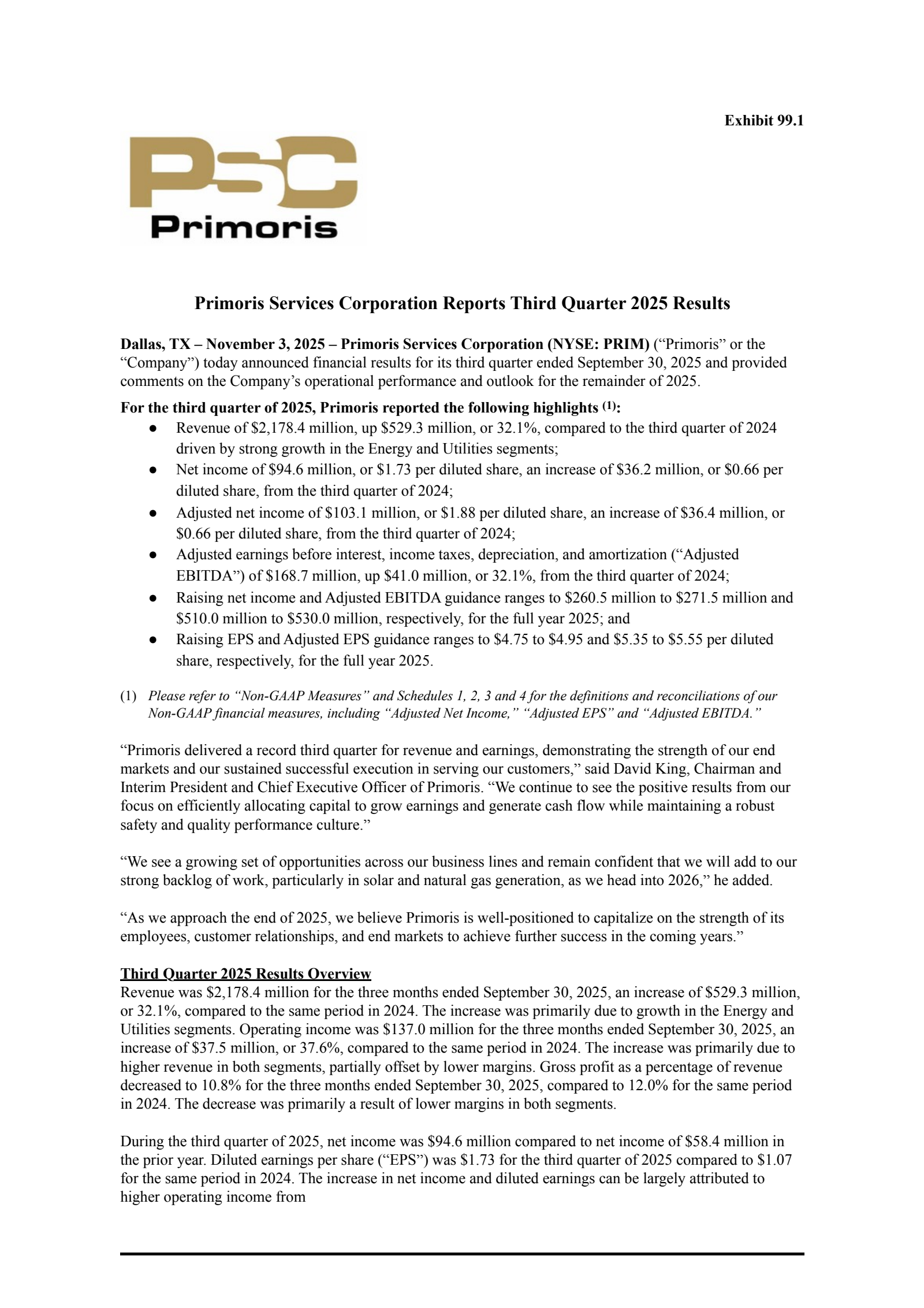 Primoris Services' Q3 2025 Earnings Release