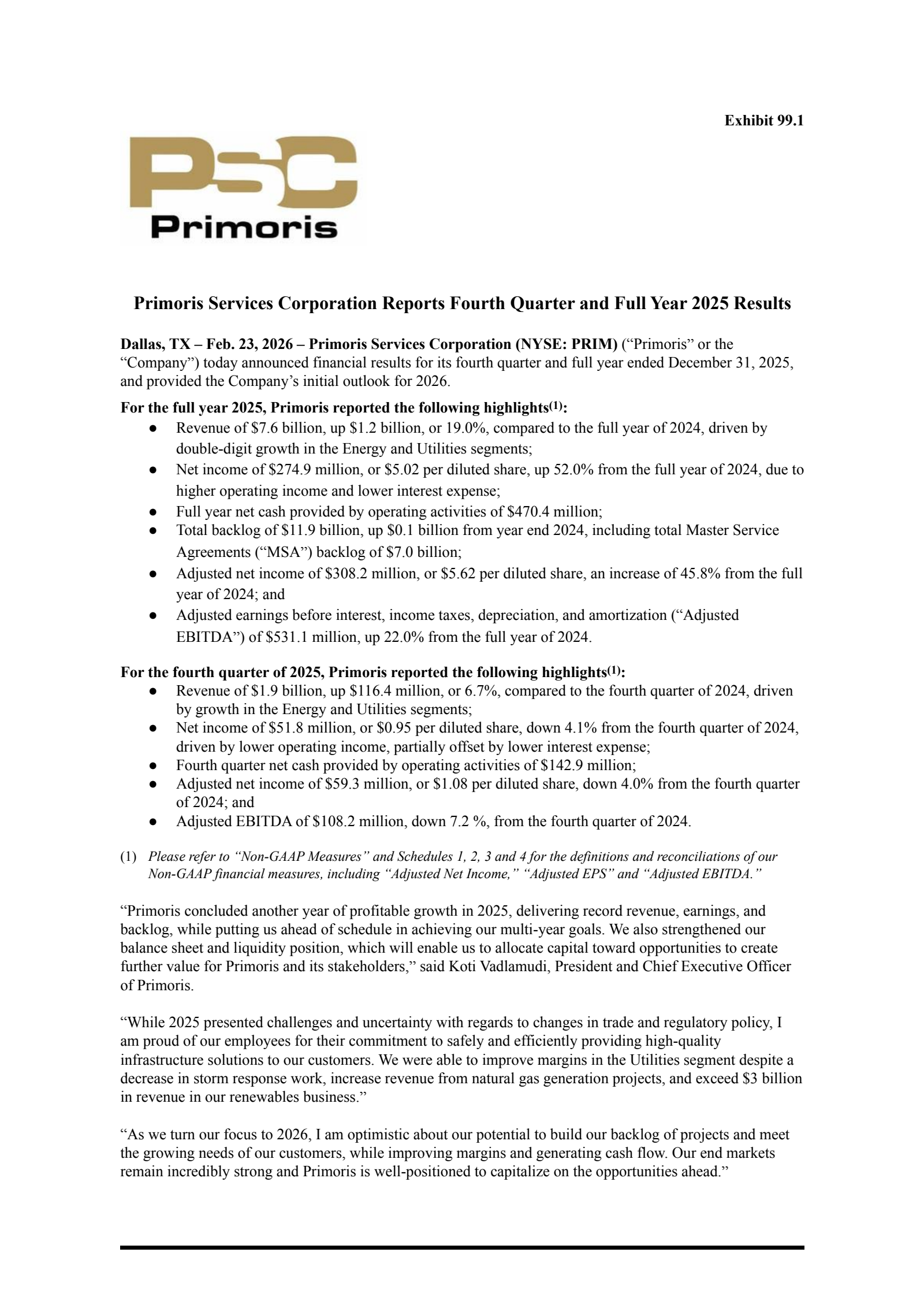 Primoris Services' Q4 2025 Press Release