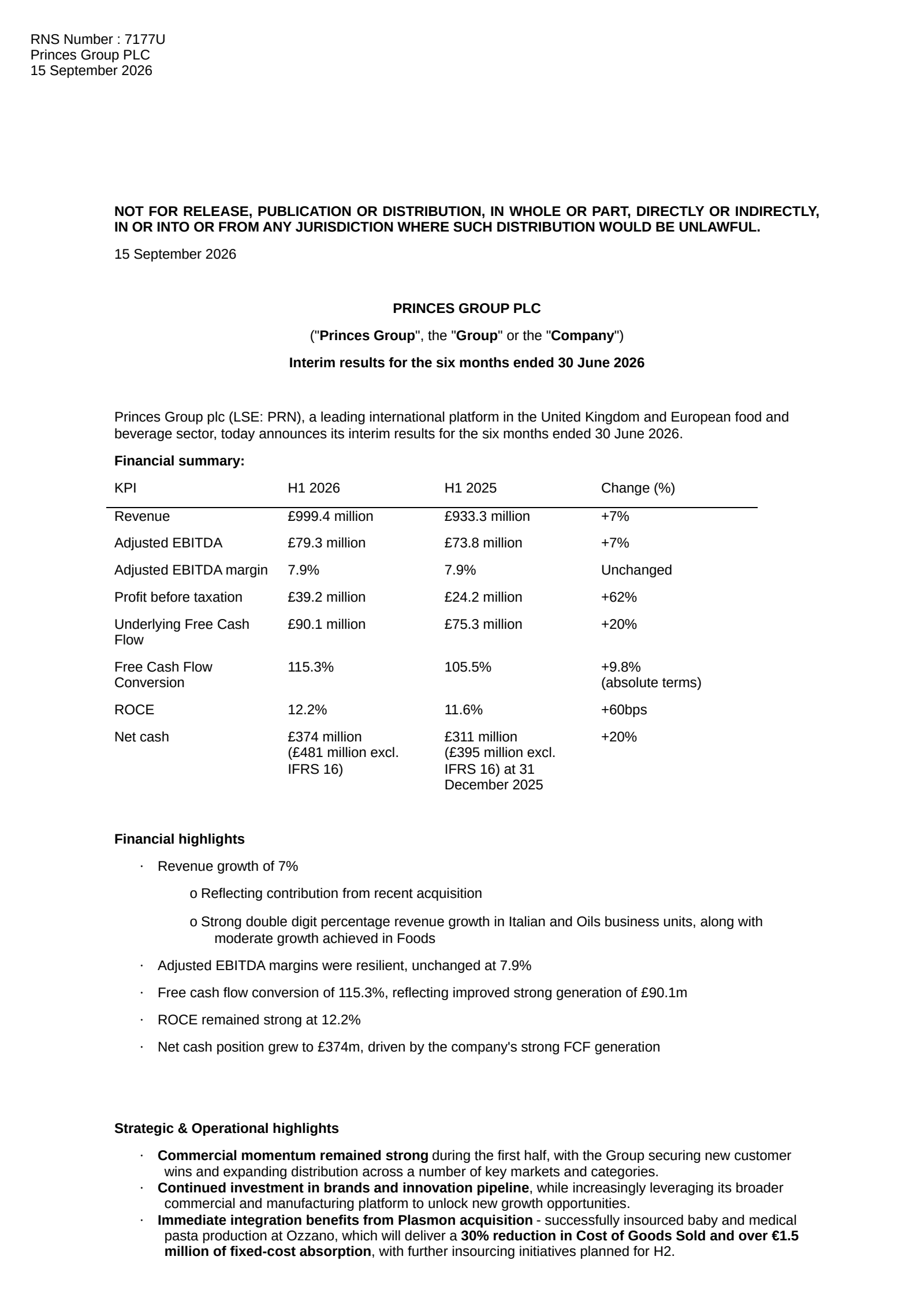 Princes Group's H1 2026 Interim report