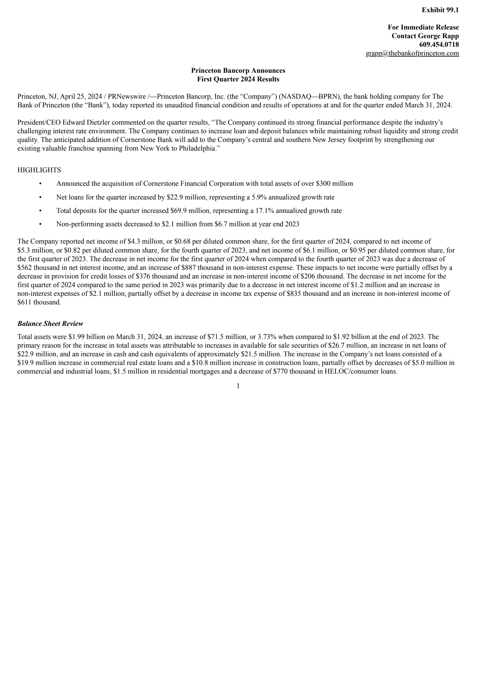 Princeton Bancorp's Q1 2024 Press Release