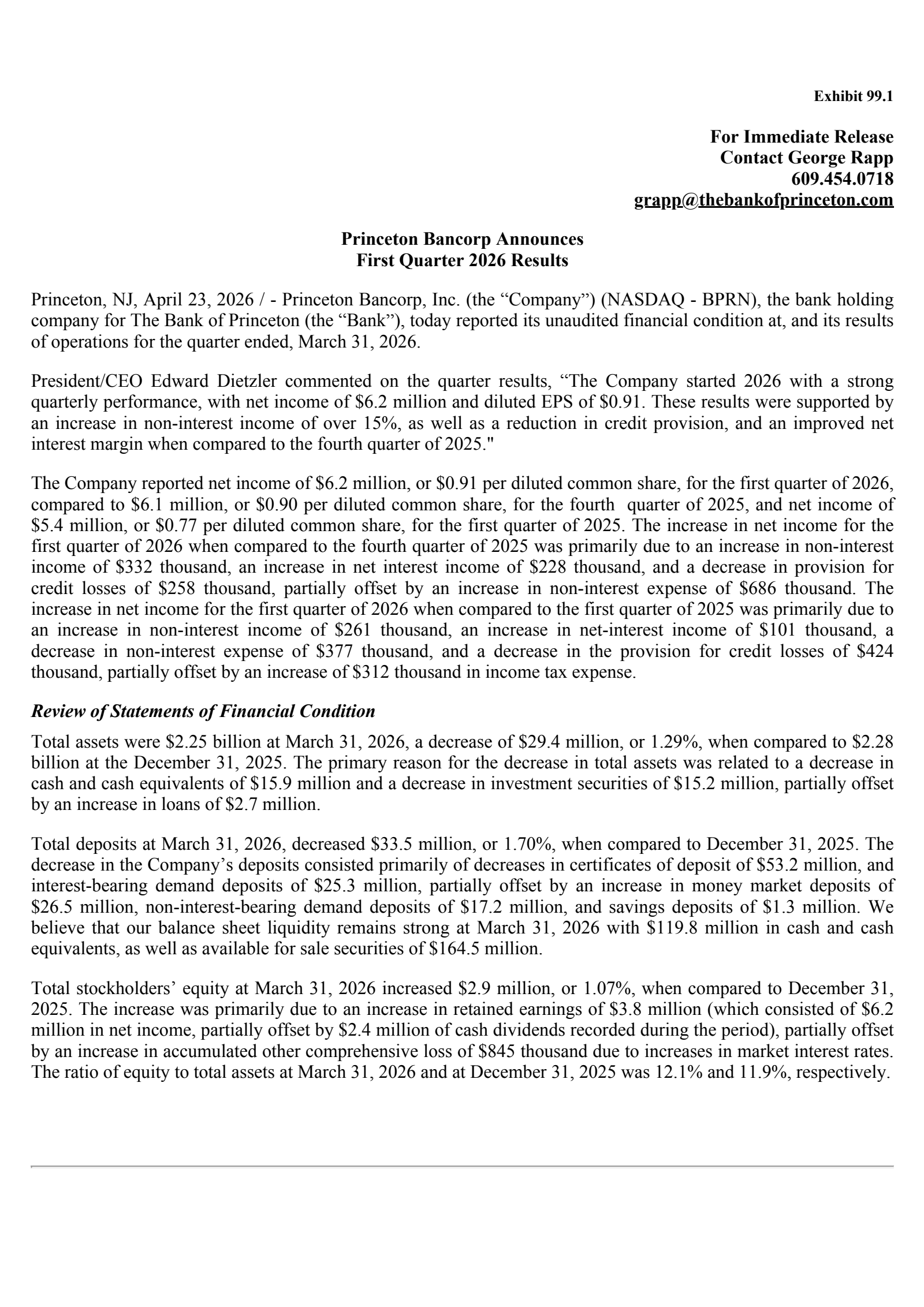 Princeton Bancorp's Q1 2026 Press Release
