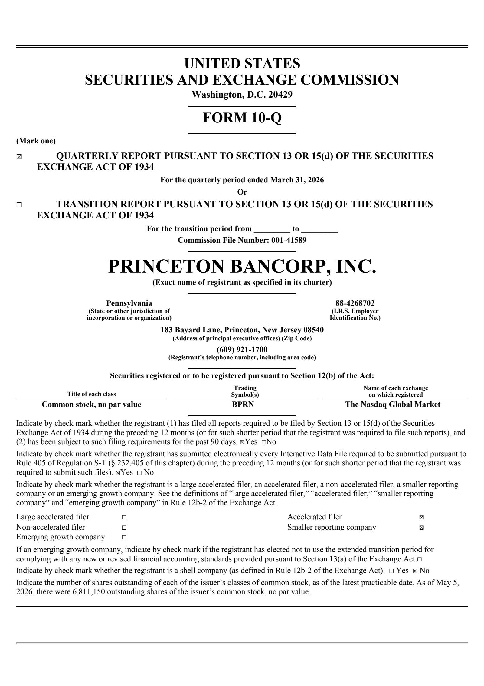 Princeton Bancorp's Q1 2026 Quarterly report