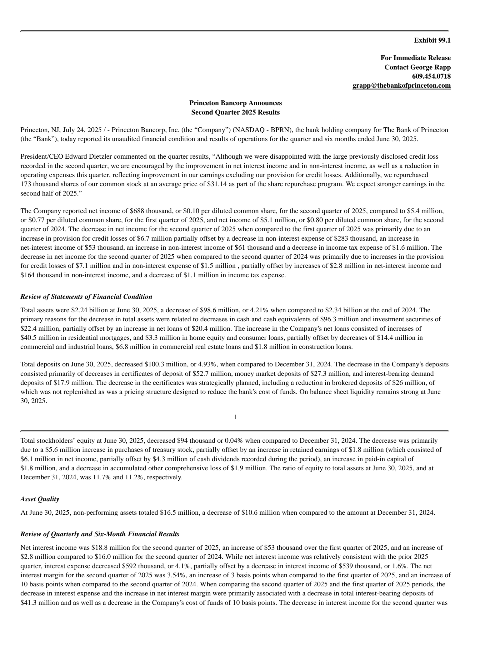 Princeton Bancorp's Q2 2025 Press Release